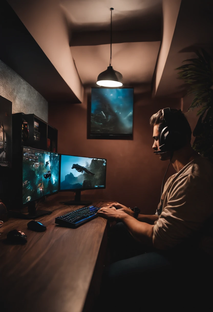 rapaz num quarto gamer, imagem realista, nao mude as caracteristicas da pessoa da foto
