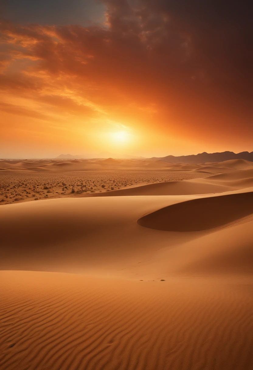 The subject：The end of the wasteland
desert：drying、sand dune、Sand、sunset
protagonist：Lonely traveler、Wearing tattered clothes、knapsack
Desert flora and fauna：Sand snake、Flying wingworm、Thorny plants
Round machine fortress：immensity、metals、Abandoned、Broken、Curled up in the dunes
A sight in the distance：desolated、废墟、sandstorms、Abandoned city
sky：Orange-red sunset、Obscured clouds、Sun rays
torch：The only light source for desert nights
wish：A distance through the eyes of a traveler、A symbol of hope
lonely：Emphasize travelers' feelings of loneliness and helplessness