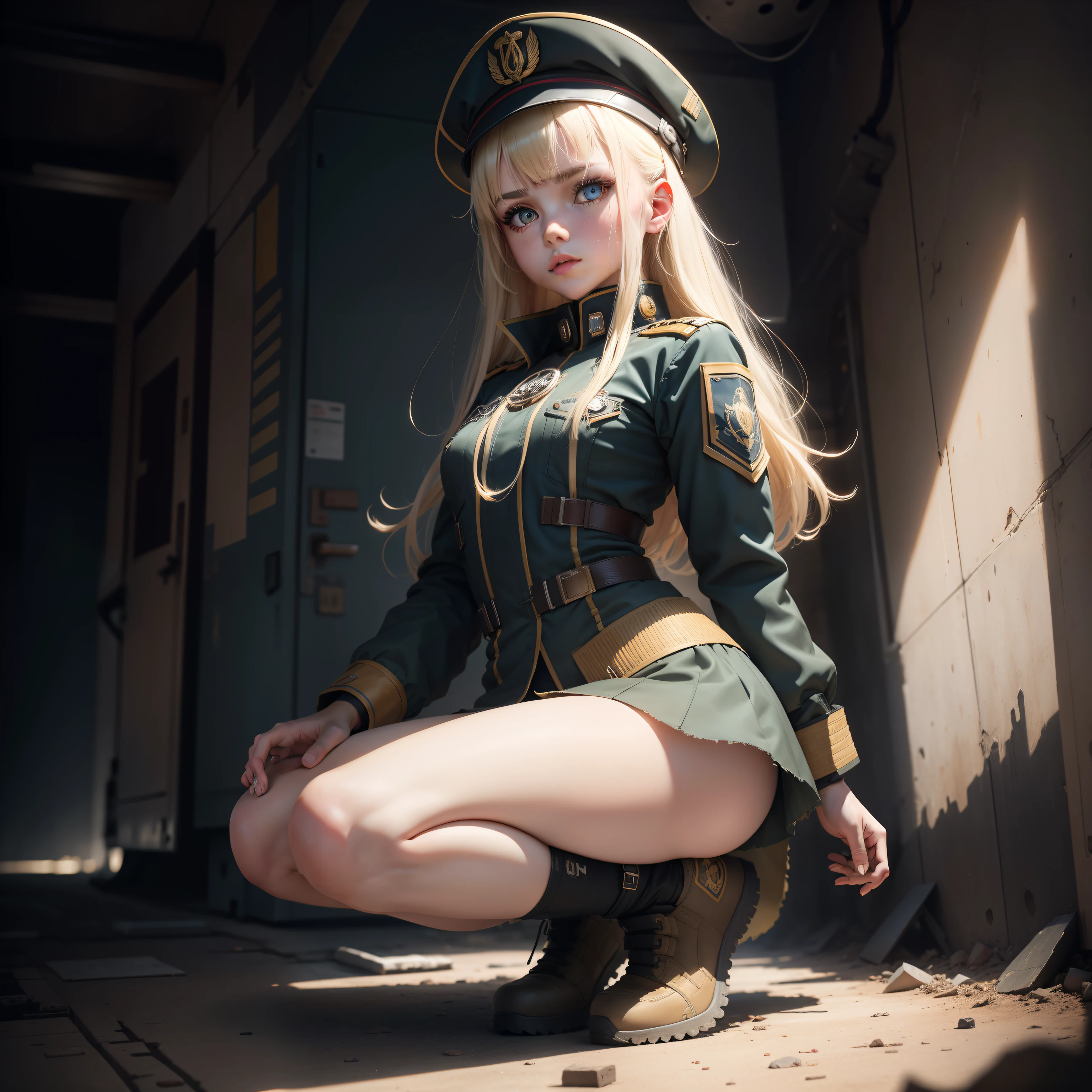 ukrainian girl , Ukrainian anime girls , , Ukraine ,  Full body composition of young girl with messy bright blonde hair,eye make up, ,  Soft lighting, Solo, Old torn dirty shabby futuristic military uniform, badges, Pose, Blotch color, Octane Render, Hyperrealistic intricate detail, Cinematic, 8K resolution, 70mm, Accent Lighting, Global Illumination, Full body portrait, clean detailed faces, intricate clothing, Cute face, flat chest, Slim waist, Slim legs, small hips,Wearing a beret,Special Forces Clothing,crouching down,I see underwear