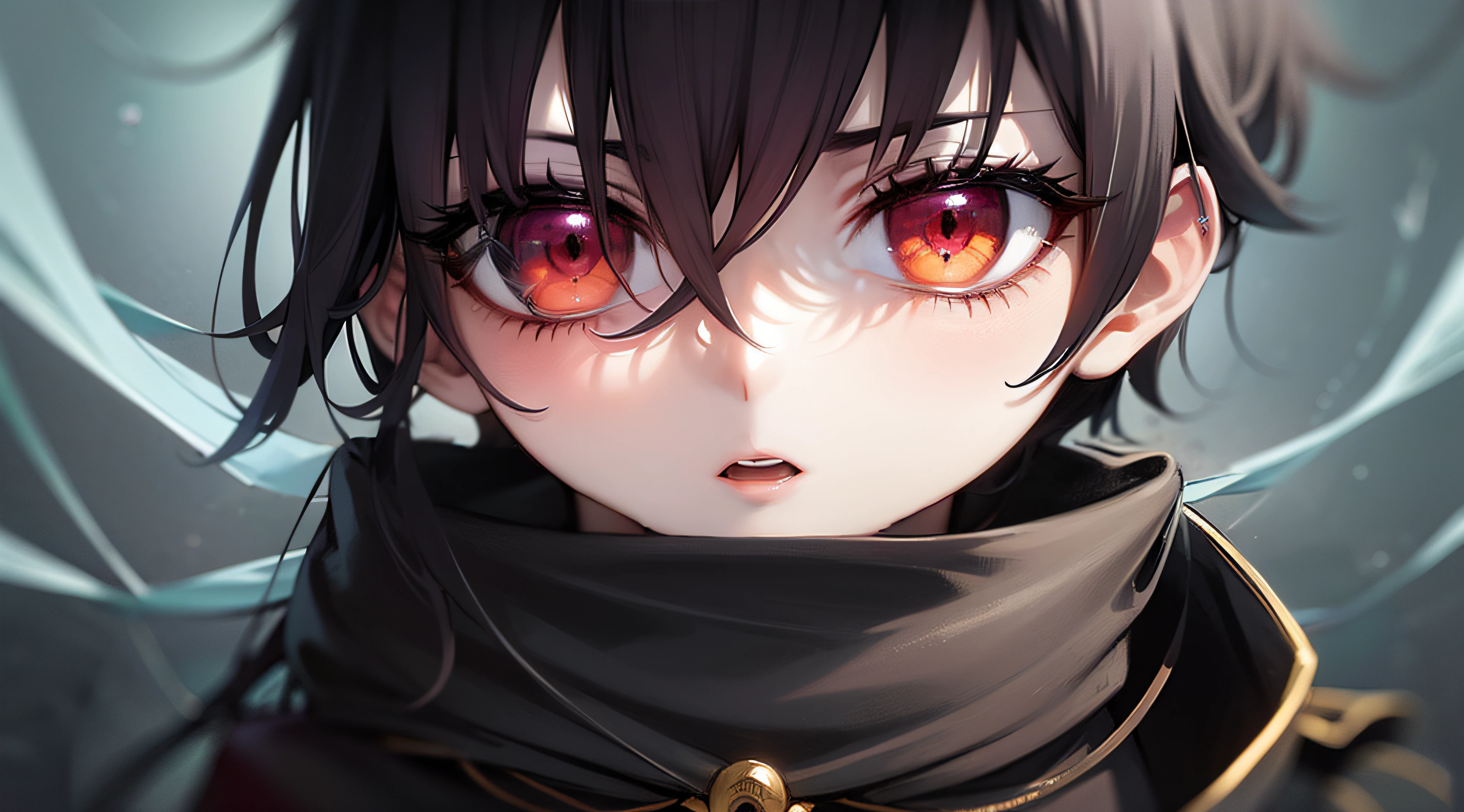 (personagem de anime)+horror+fantasia+(face with serious expression:1.1)+cabelo branco+(olhos vermelhos:1.2)+(pele cinza claro:1.1), cenario de fundo das trevas, roupas negras das trevas com detalhes em prata