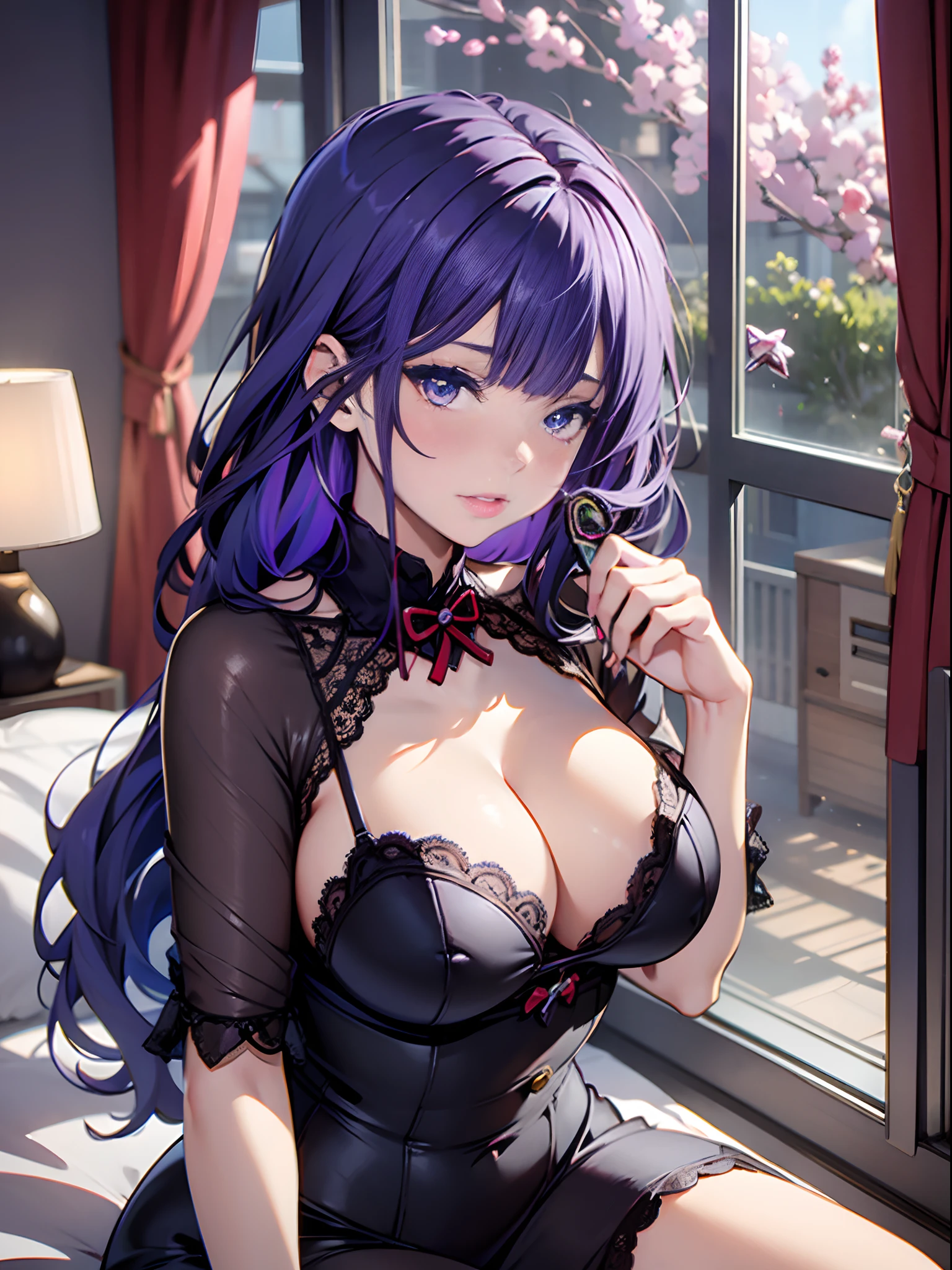 Anime girl sitting on bed in front of window in lingerie, seductive anime girls, Perfect purple girl, nightcore, beautiful and seductive anime woman, Girl with purple hair, Purple hair, Beautiful anime girl, in dress, Anime girl wearing black dress, attractive anime girls, Purple-haired lady, Purple hair big breasts, Beautiful anime woman, from girls frontline,Extra-large big breasts,Blush,