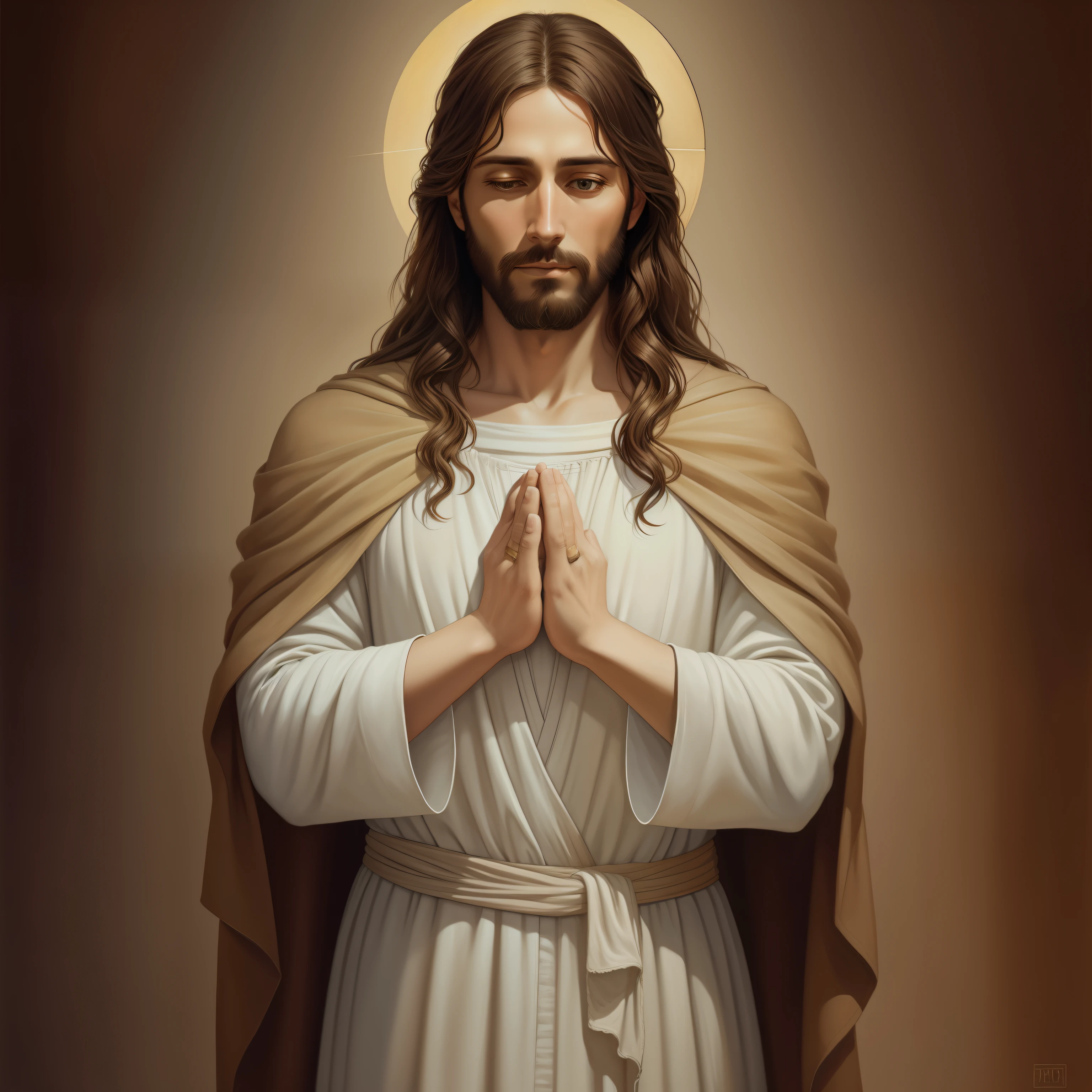 (Jesus movies Photo) A beautiful ultra-thin realistic portrait of Jesus, the prophet, a man 33 years old Hebrew brunette, short brown hair, long brown beard, wearing long linen tunic closed on the chest part, in front view, full body, biblical, realistic,by Diego Velázquez,Peter Paul Rubens,Rembrandt,Alex Ross,8k, Concept Art, PhotoRealistic, Realistic,  Illustration, Oil Painting, Surrealism, HyperRealistic, pray , Digital art, style, watercolor, natural background, Praying ( Blessing woman)