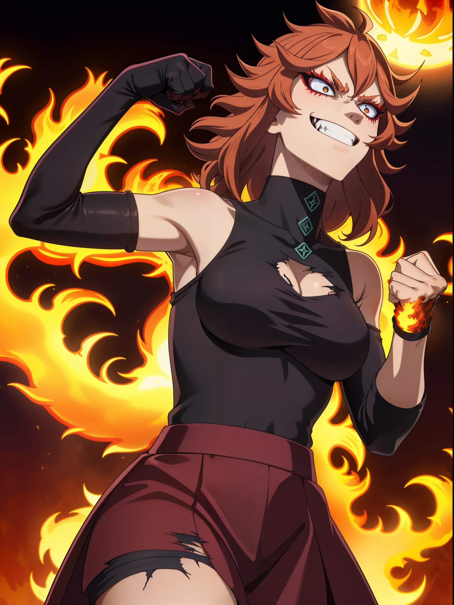 best quality mereoleona, fang vivid color, 1girl, from below,  from side, upper body, looking up, evil grin, crazy eyes, sanpaku, fire, grimoire, meroutfit3, black turtleneck, torn clothes, sleeves rolled up, raised fist, clenched hand