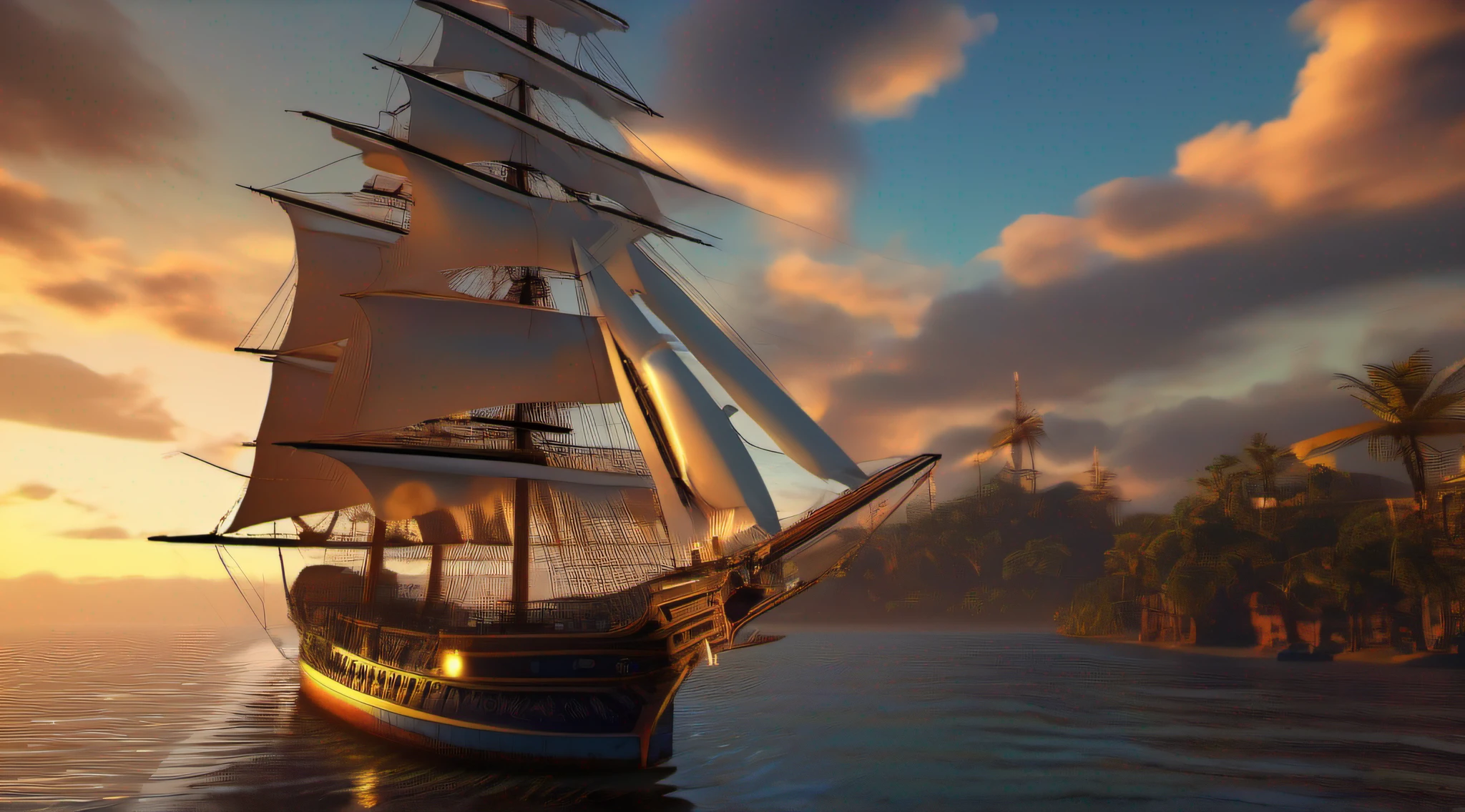 Sun rising over a tall sail ship of a night, In the style of Cyril Rolands, 32K HD, dark and intricate, detailed ship sails, glowing psychadelic colorful absurdism, tumblewave,, baroqui maritime, , Ultra HD 32k, -- Photorealistic Ultra HD 32k, --AR 16:9, --v 5.2, -- s 55, Ultra HD 32k, --CHAOS 350.