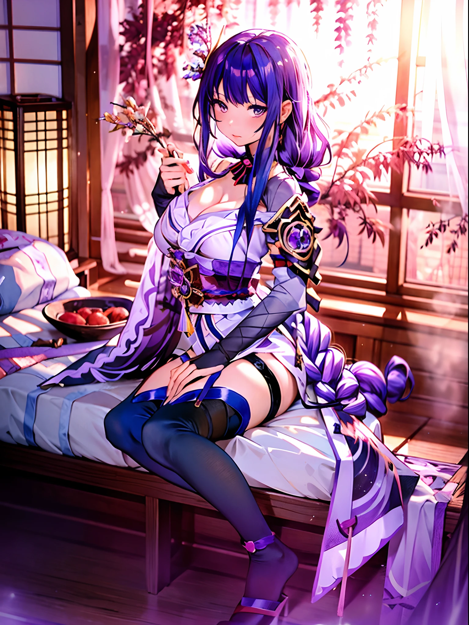 Anime girl sitting on bed in front of window in lingerie, seductive anime girls, Perfect purple girl, nightcore, beautiful and seductive anime woman, Girl with purple hair, Purple hair, Beautiful anime girl, loli in dress, Anime girl wearing black dress, attractive anime girls, Purple-haired lady, Purple hair big breasts, Beautiful anime woman, from girls frontline,Extra-large big breasts,Blush,