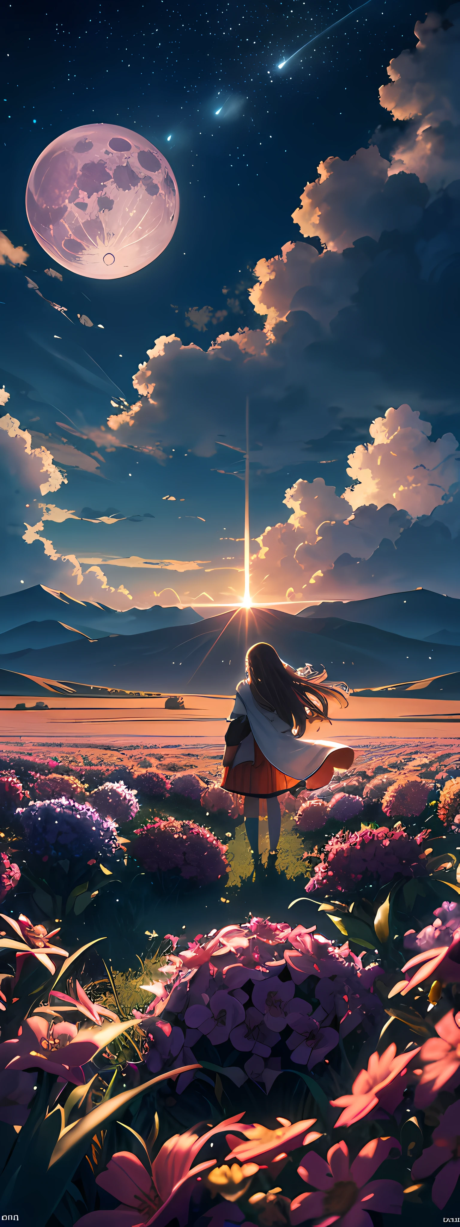 A wide landscape photo, (viewed from below, the sky is above, and the open field is below), a girl standing on a flower field looking up, (full moon: 1.2), (meteor: 0.9), (nebula: 1.3), distant mountains , Trees BREAK Crafting Art, (Warm Light: 1.2), (Firefly: 1.2), Lights, Lots of Purple and Orange, Intricate Details, Volumetric Lighting BREAK (Masterpiece: 1.2), (Best Quality), 4k, Ultra Detailed, (Dynamic Composition: 1.4), Rich in Detail and Color, (Rainbow Color: 1.2), (Glow, Atmospheric Lighting), Dreamy, Magical, (Solo: 1.2)