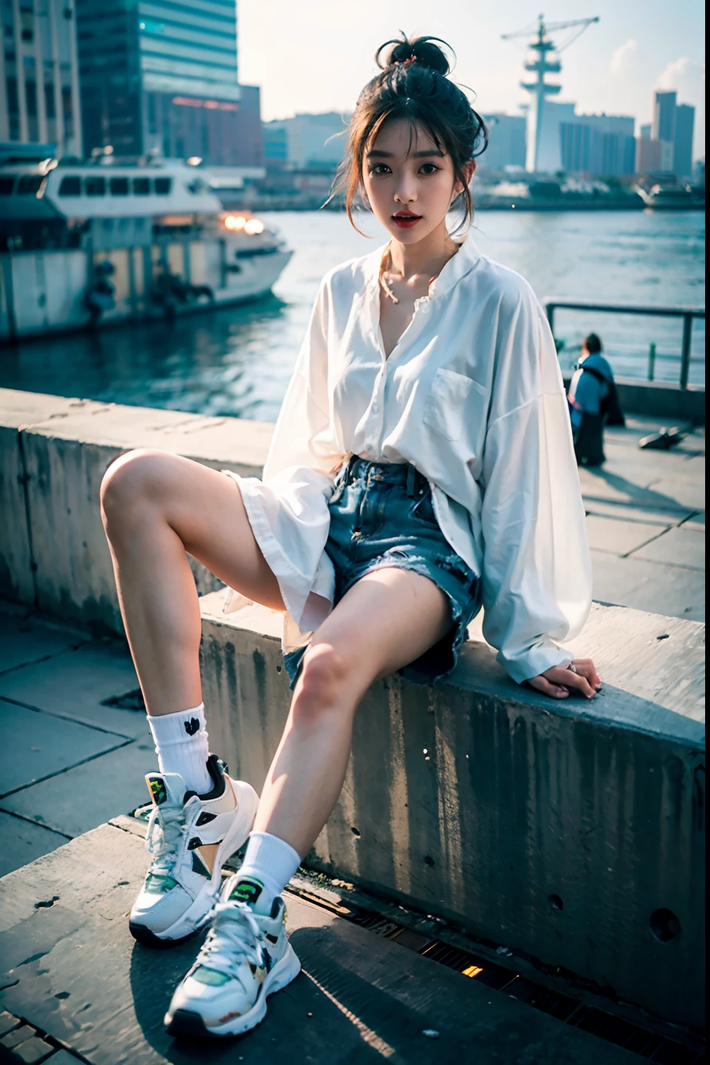 (sit on high:1.3) (a woman sitting on a ledge) , (( 25 year old)) ,(Light face) in a white dress and sneakers, trending on cgstation, casual clothing style, trending at cgstation, white trendy clothes, wearing cyberpunk streetwear, dreamy cyberpunk girl, dressed with long fluent clothes, muted cyberpunk style, guweiz, casual white garment, (cyberpunk:1.3) , (sea surface background :1.5) model girl, Asia girl, cyberpunk fashion clothing. (sunny day color)