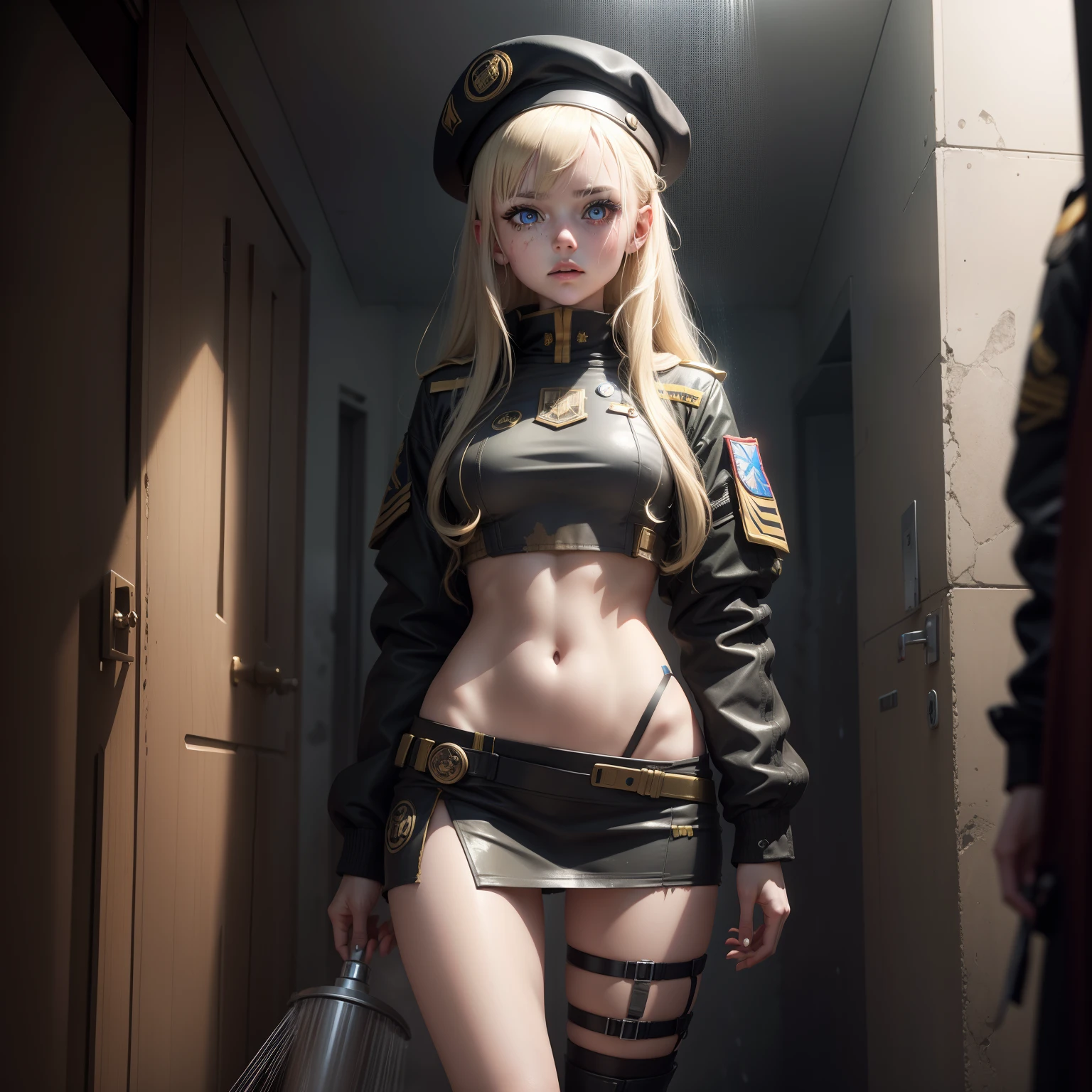ukrainian girl , Ukrainian anime girls , , Ukraine , Full body composition of young girl with messy bright blonde hair,eye make up, 14 year old, Soft lighting, Solo, Old torn dirty shabby futuristic military uniform, badges, Pose, Blotch color, Octane Render, Hyperrealistic intricate detail, Cinematic, 8K resolution, 70mm, Accent Lighting, Global Illumination, Full body portrait, clean detailed faces, intricate clothing, Cute face, flat chest, Slim waist, Slim legs, small hips,Wearing a beret,Special Forces Clothing,Relaxed,taking shower,