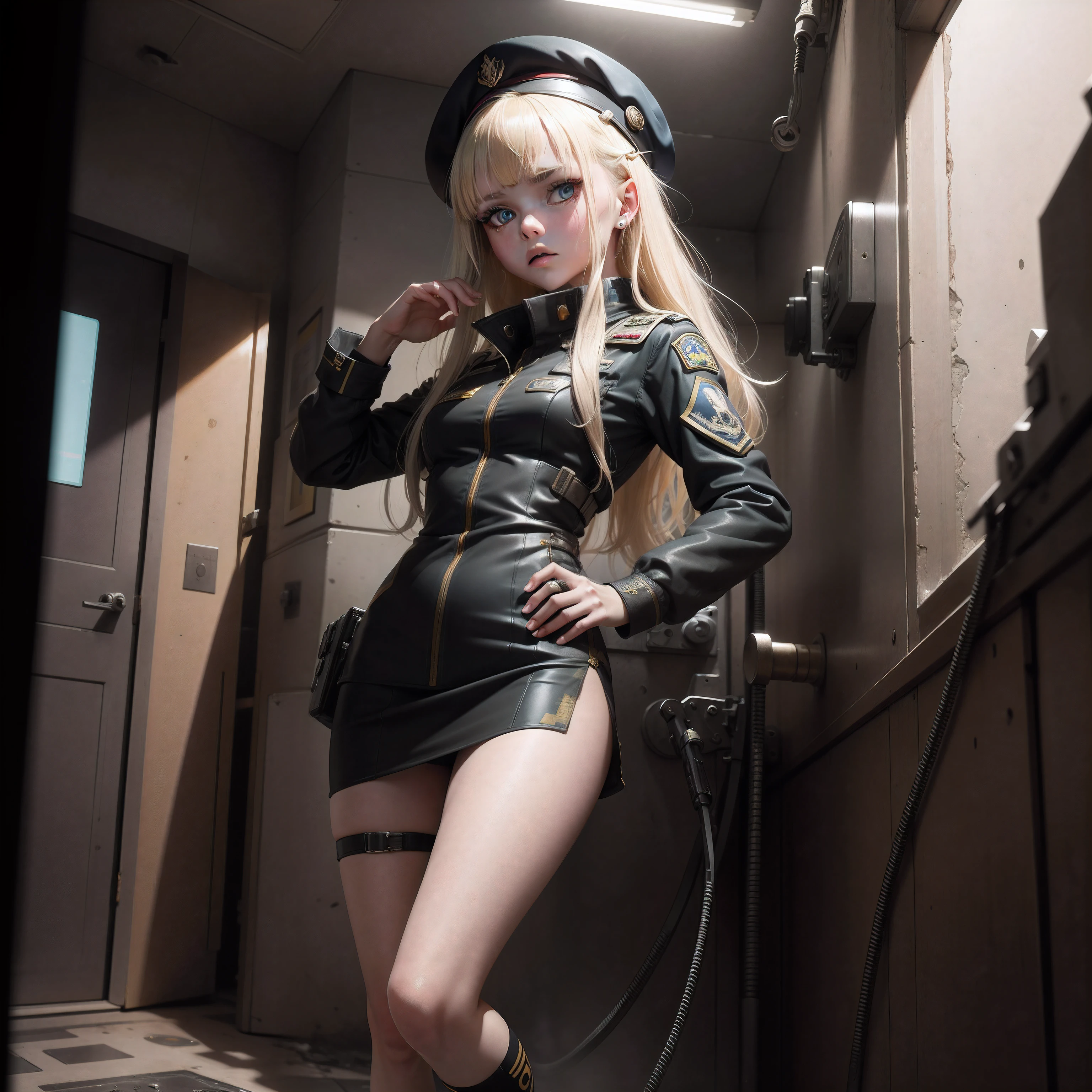 ukrainian girl , Ukrainian anime girls , , Ukraine , Full body composition of young girl with messy bright blonde hair,eye make up, 14 year old, Soft lighting, Solo, Old torn dirty shabby futuristic military uniform, badges, Pose, Blotch color, Octane Render, Hyperrealistic intricate detail, Cinematic, 8K resolution, 70mm, Accent Lighting, Global Illumination, Full body portrait, clean detailed faces, intricate clothing, Cute face, flat chest, Slim waist, Slim legs, small hips,Wearing a beret,Special Forces Clothing,Relaxed,taking shower,