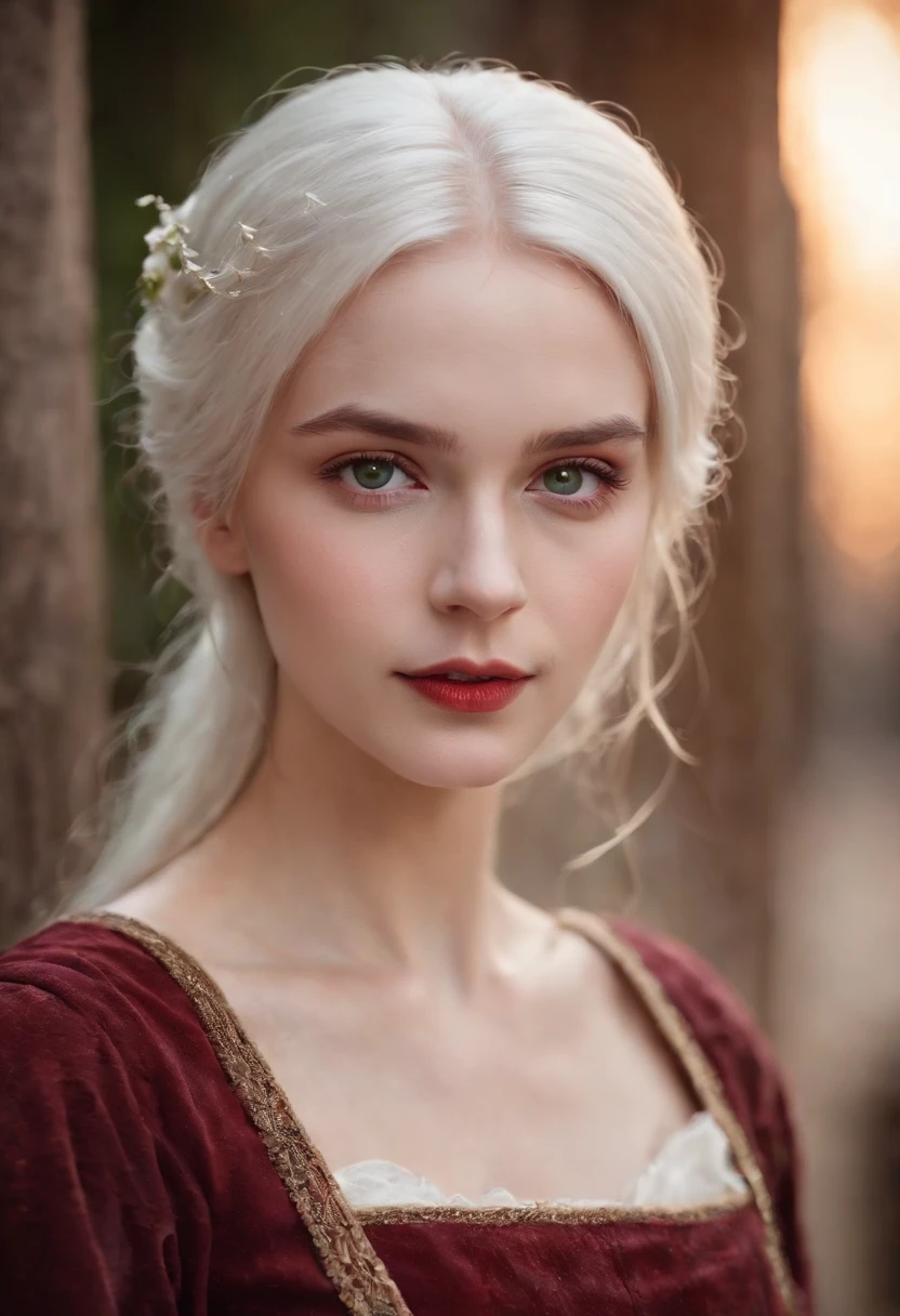 (((a deep reddish wound crosses her left cheek))) fair complexion, woman around 19 years old, natural white hair, distinctive green eyes, wearing kohl, slender and graceful, beautiful, candlelight in a medieval setting, ultra sharp focus, realistic shot, medieval female clothes, tetradic colors (scar:1.4)