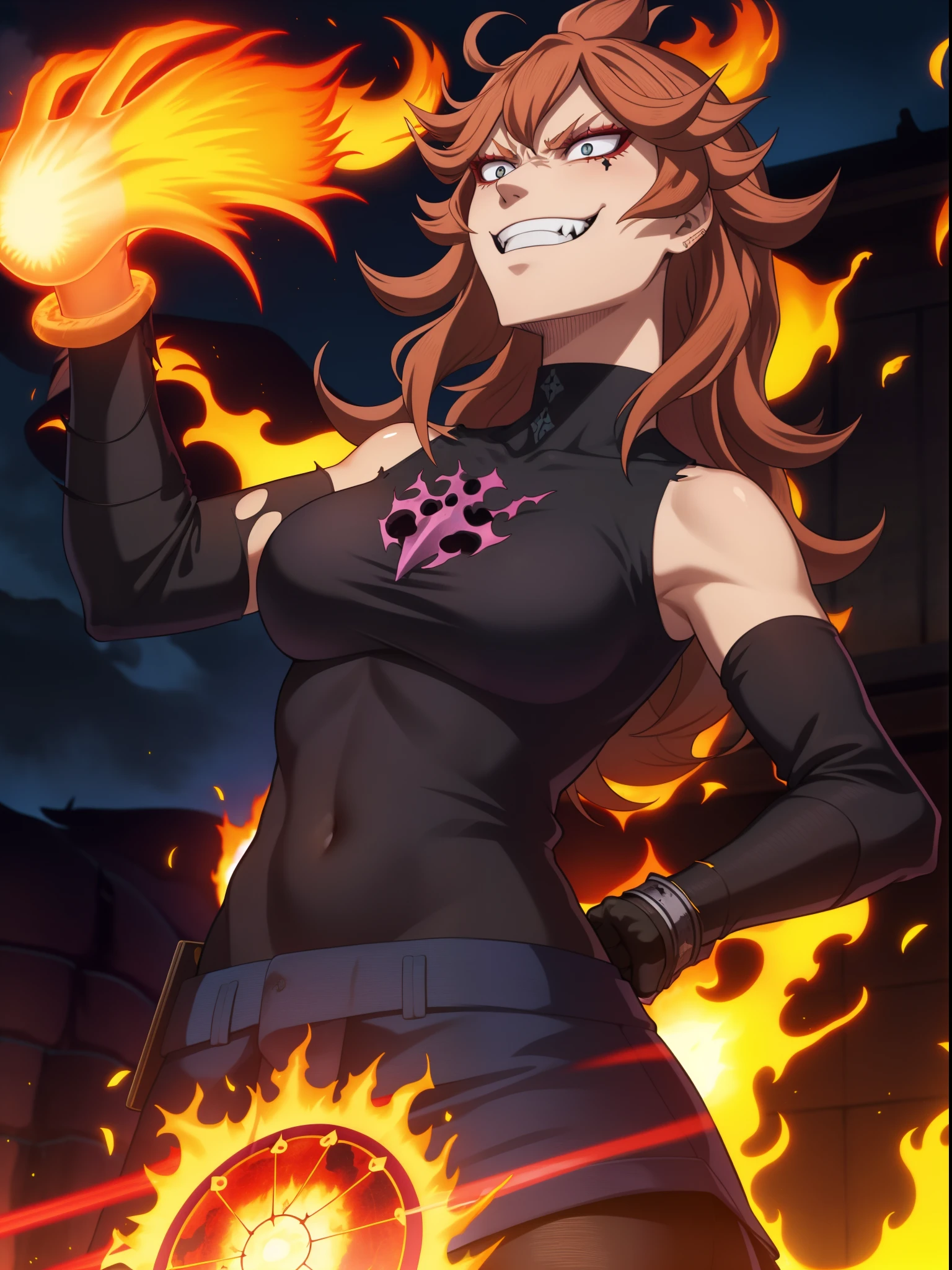 best quality mereoleona, fang vivid color, 1girl, from below,  from side, upper body, looking up, evil grin, crazy eyes, sanpaku, fire, grimoire, meroutfit3, black turtleneck, torn clothes, sleeves rolled up, raised fist, clenched hand