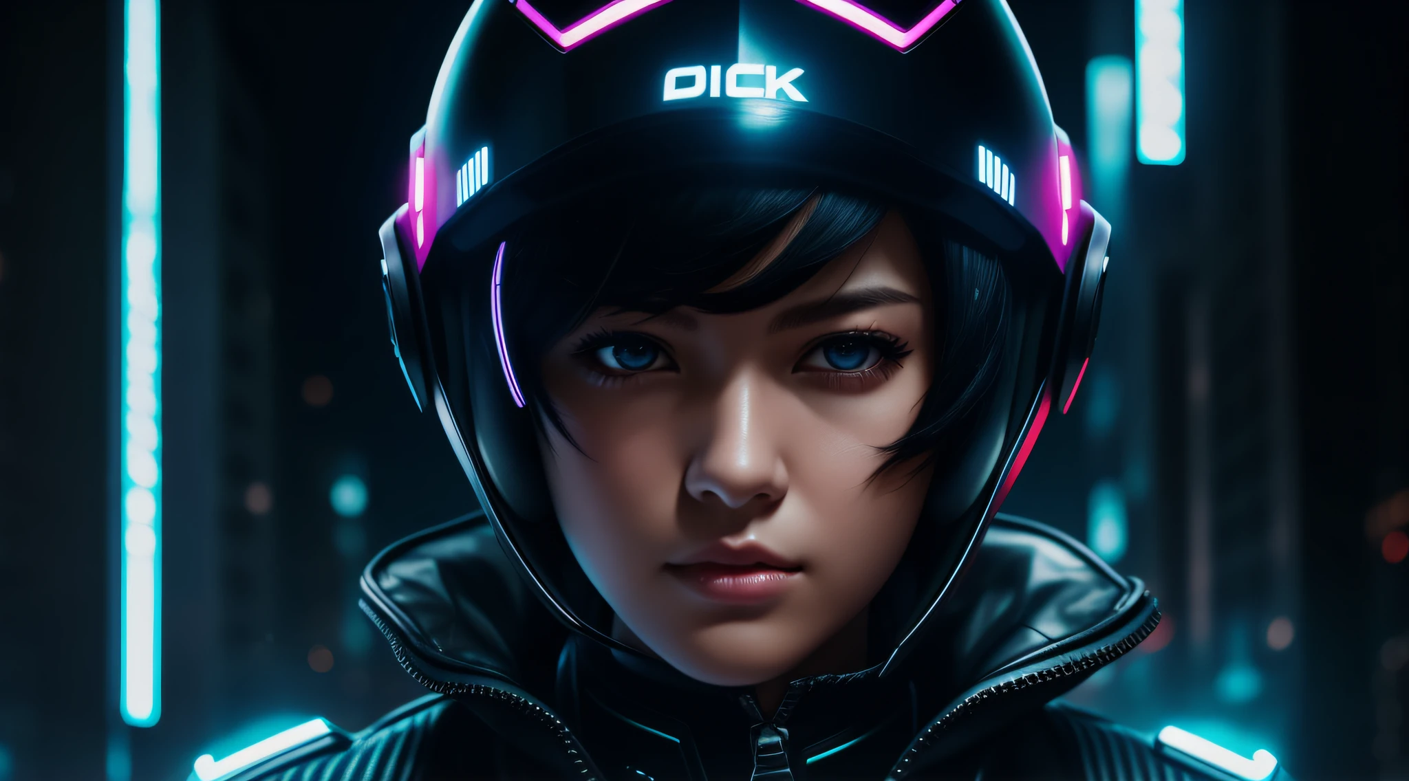 1girl, solo, black hair, short hair, looking at viewer, blurry, cyberpunk, zipper, helmet, portrait, blurry background, lips, hair between eyes, closed mouth, realistic, jacket, neon lights, depth of field