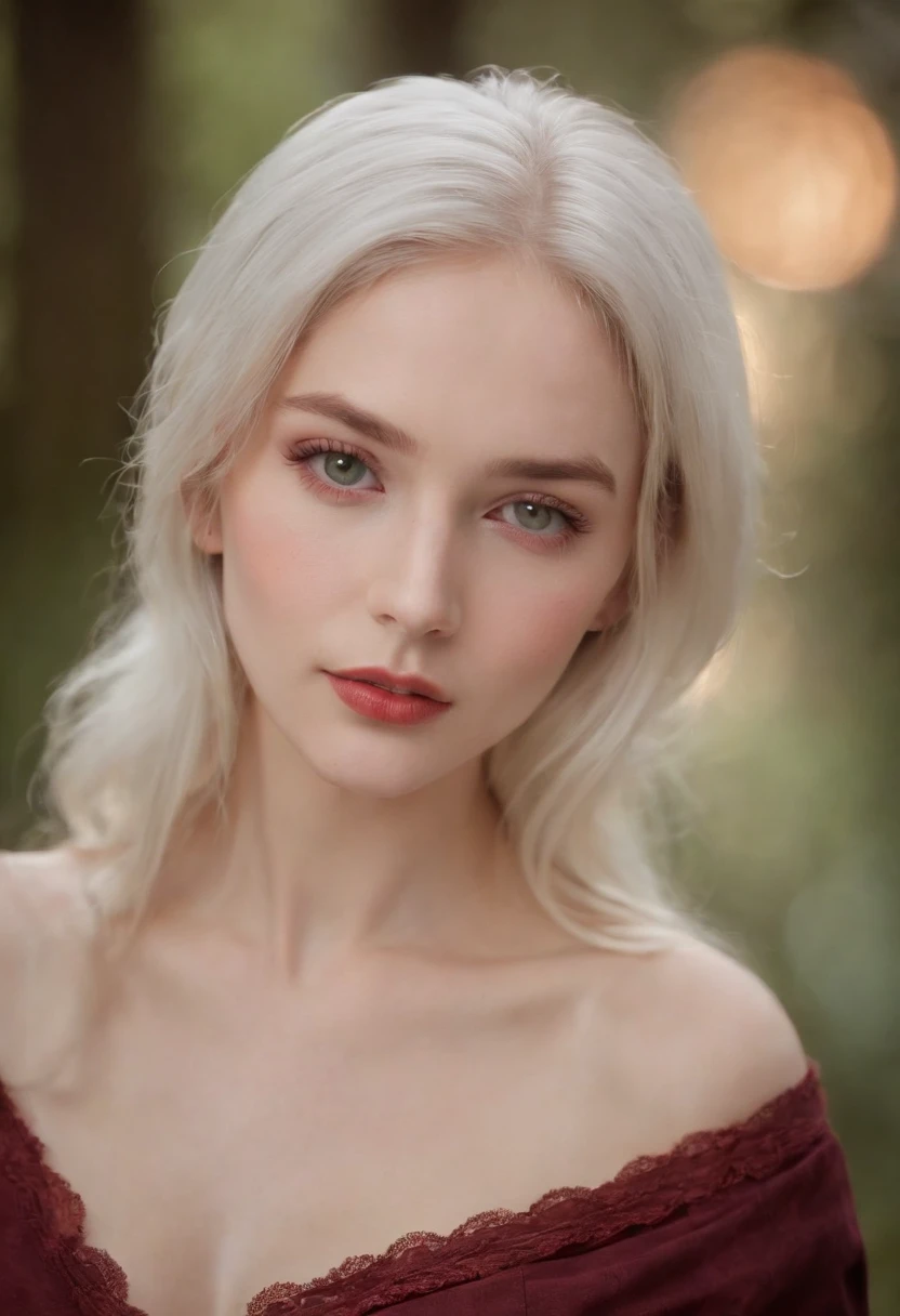Albino female, 18 years old, handsome face, fine white skin, pearl white hair, pearl white eyebrows, long pearl white eyelashes, bright red eyes, cherry red cheeks, cherry red lips, slender neck, long slender limbs. , slender body, oversized breasts, cherry-colored nipples, large cherry-colored areolas, large round buttocks, extremely slender waist, firm belly, pearl white pubic hair, thick cherry-colored labia minora, not wearing anything, naked, Glamorous, erotic, natural light, standing on a path in the forest, morning, deep fog, super sharp focus, realistic shot, super high resolution,