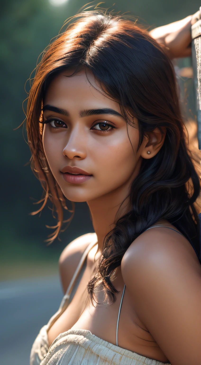 young Indian girl, 18-year-old, red top, gentle lighting, intricate facial details, flawless complexion, top-notch 3D rendering, hyper-realistic, shot on Indian road. photorealistic digital art trending on Artstation 8k HD high definition detailed realistic, detailed, skin texture, hyper detailed, realistic skin texture, armature, best quality, ultra high res, (photorealistic:1.4),, high resolution, detailed, raw photo, 400 camera f1.6 lens rich colors hyper realistic lifelike texture dramatic lighting unrealengine trending on artstation cinestill 800