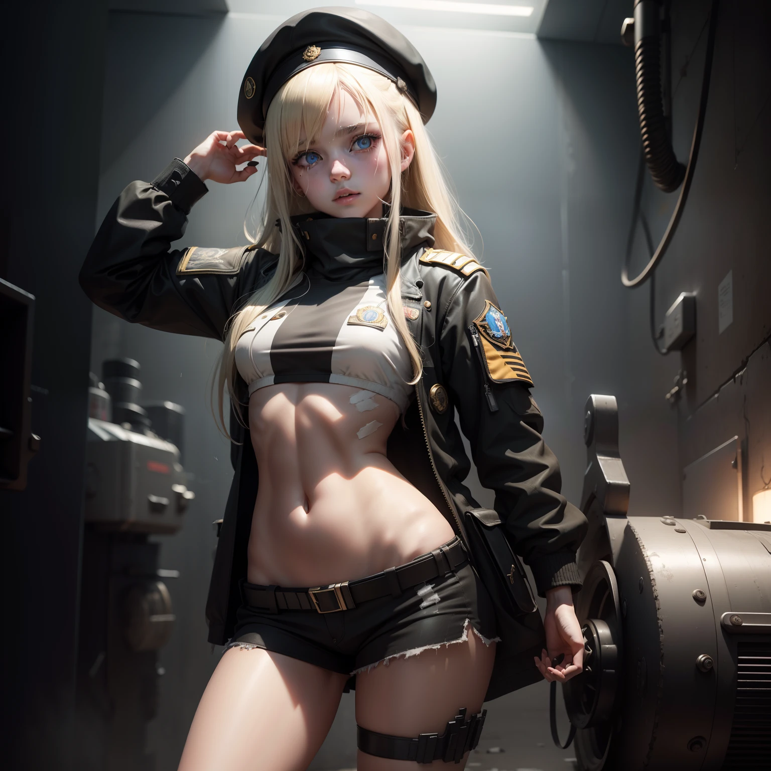 ukrainian girl , Ukrainian anime girls , , Ukraine , Full body composition of young girl with messy bright blonde hair,eye make up, 14 year old, Soft lighting, Solo, Old torn dirty shabby futuristic military uniform, badges, Pose, Blotch color, Octane Render, Hyperrealistic intricate detail, Cinematic, 8K resolution, 70mm, Accent Lighting, Global Illumination, Full body portrait, clean detailed faces, intricate clothing, Cute face, flat chest, Slim waist, Slim legs, small hips,Wearing a beret,Special Forces Clothing,Relaxed,taking shower,