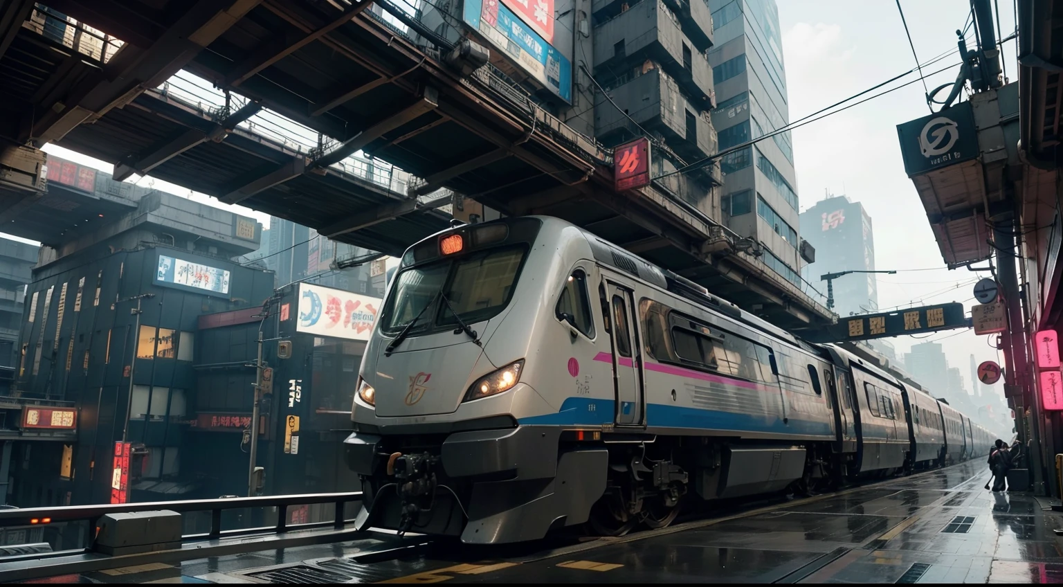 there is a train that is going down the tracks in the city, urban concept art, by Shitao, busy cyberpunk metropolis, cyberpunk elevated train, inspired by Liam Wong, cyberpunk street, tokyo anime scene, digital cyberpunk anime art, in cyberpunk city, cyberpunk city street, anime style cityscape, by Patrick Ching, in a cyberpunk city, cyberpunk anime art, make it realistic