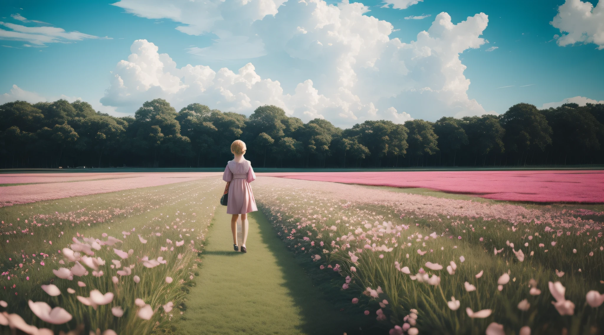 flower, 1girl, cloud, outdoors, sky, scenery, petals, grass, from behind, day, standing, blonde hair, monster, water, pink flower, building, short hair, solo, cloudy sky, overgrown, facing away