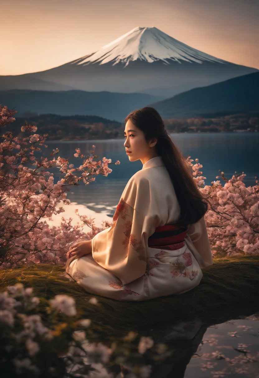 best quality, masterpiece, extremely detailed, detailed background, detailed eyes, anime, 1girl, beautiful eyes, young girl, long hair girl, expressive face, kimono, retro, mount fuji lansdscape, outdoors, sunset, beautiful sky, lake picnic, landscape, scenery, horizon, mountain sitting near mountain, wind, flower petal, spring, looking away, atmospheric lighting, reflection, naturalistic, detail, realism. relaxation, beauty, solo focus, close up, from side, depth of field, bokeh