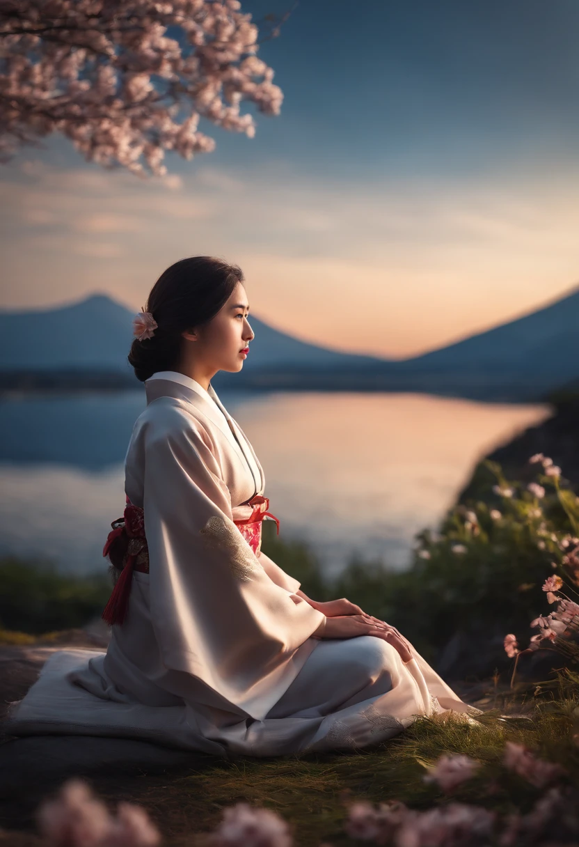 best quality, masterpiece, extremely detailed, detailed background, detailed eyes, anime, 1girl, beautiful eyes, young girl, long hair girl, expressive face, kimono, retro, mount fuji lansdscape, outdoors, sunset, beautiful sky, lake picnic, landscape, scenery, horizon, mountain sitting near mountain, wind, flower petal, spring, looking away, atmospheric lighting, reflection, naturalistic, detail, realism. relaxation, beauty, solo focus, close up, from side, depth of field, bokeh