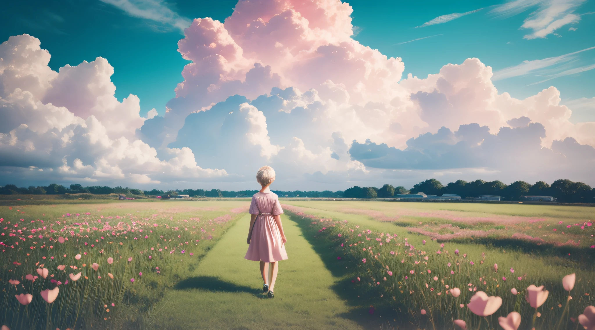 flower, 1girl, cloud, outdoors, sky, scenery, petals, grass, from behind, day, standing, blonde hair, monster, water, pink flower, building, short hair, solo, cloudy sky, overgrown, facing away