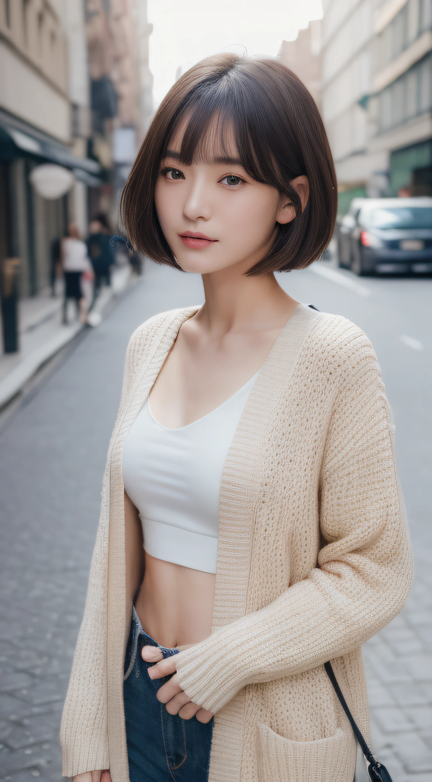 ((top-quality、8k、​masterpiece:1.3))、女の子1人、Beautiful woman with slender abs:1.3、(medium short hair、爆乳:1.2)、cardigan:1.1、hyperdetailed face、A detailed eye、二重まぶた、In the street、Suny