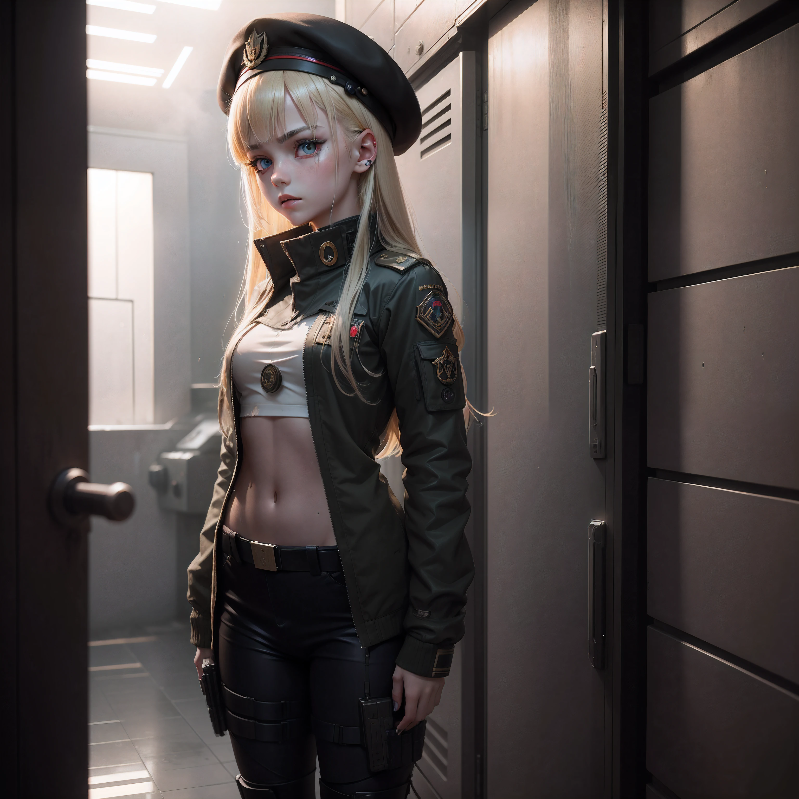 ukrainian girl , Ukrainian anime girls , , Ukraine ,  Full body composition of young girl with messy bright blonde hair,eye make up, 14 year old,  Soft lighting, Solo, Old torn dirty shabby futuristic military uniform, badges, Pose, Blotch color, Octane Render, Hyperrealistic intricate detail, Cinematic, 8K resolution, 70mm, Accent Lighting, Global Illumination, Full body portrait, clean detailed faces, intricate clothing, Cute face, flat chest, Slim waist, Slim legs, small hips,Wearing a beret,Special Forces Clothing,Relaxed,taking shower,