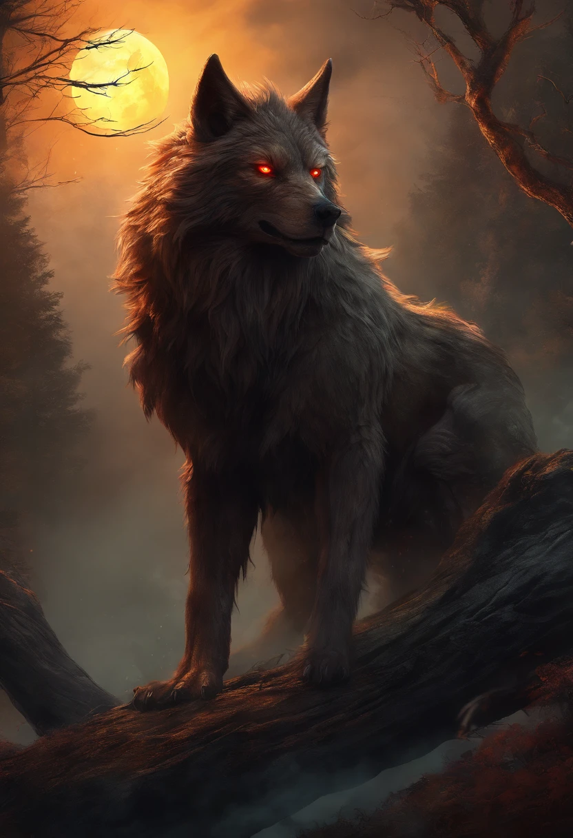 (best quality,4k,8k,highres,masterpiece:1.2),ultra-detailed,(realistic,photorealistic,photo-realistic:1.37),full body covered in fur,werewolf with red mowhawk,piercing yellow eyes,dramatic cloak,howling at the moon,low light,mysterious,lush forest background,wisps of fog,moonlight peeking through the trees,ominous atmosphere,dark shadows,foreboding,moonlit night,ethereal,haunting,atmospheric,werewolf silhouette,sharp fangs and claws,long werewolf snout and ears,dynamic stance,full moon in the sky,ominous clouds,spooky ambiance,glowing yellow eyes,glossy and shiny fur,ferocious expression,strong werewolf physique,howling with intensity,unleashing raw power,savage instinct,in a clearing surrounded by ancient trees,ominous energy emanating from the scene,detailed anatomy and muscle definition,meticulously rendered fur texture with individual strands,high contrast lighting,dramatic highlights and shadows,splashes of red in the mowhawk to add visual impact,otherworldly presence,sense of mystery and danger,visceral and intense,mythical creature,unsettling presence,mesmerizing gaze,transformative and powerful,wild and untamed,supernatural being,revealing the primal nature within.