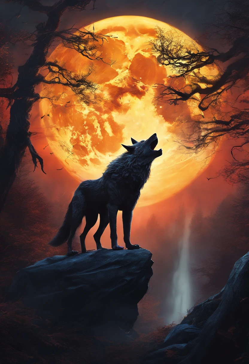 (best quality,4k,8k,highres,masterpiece:1.2),ultra-detailed,(realistic,photorealistic,photo-realistic:1.37),full body covered in fur,werewolf with red mowhawk,piercing yellow eyes,dramatic cloak,howling at the moon,low light,mysterious,lush forest background,wisps of fog,moonlight peeking through the trees,ominous atmosphere,dark shadows,foreboding,moonlit night,ethereal,haunting,atmospheric,werewolf silhouette,sharp fangs and claws,long werewolf snout and ears,dynamic stance,full moon in the sky,ominous clouds,spooky ambiance,glowing yellow eyes,glossy and shiny fur,ferocious expression,strong werewolf physique,howling with intensity,unleashing raw power,savage instinct,in a clearing surrounded by ancient trees,ominous energy emanating from the scene,detailed anatomy and muscle definition,meticulously rendered fur texture with individual strands,high contrast lighting,dramatic highlights and shadows,splashes of red in the mowhawk to add visual impact,otherworldly presence,sense of mystery and danger,visceral and intense,mythical creature,unsettling presence,mesmerizing gaze,transformative and powerful,wild and untamed,supernatural being,revealing the primal nature within.