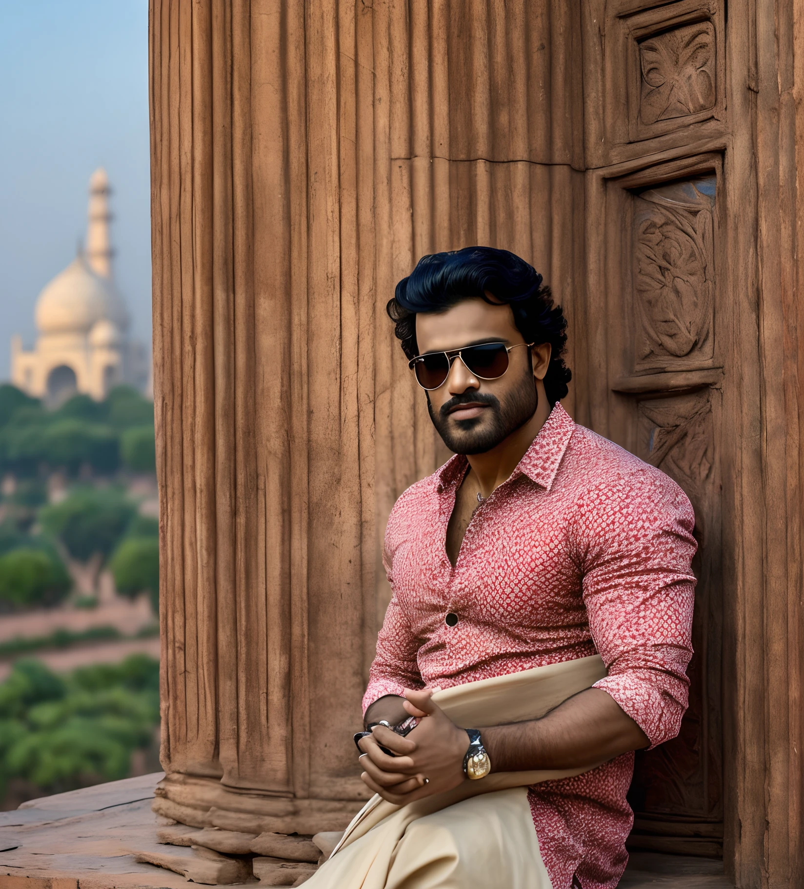 (((masterpiece))) wide angle, portrait of bollywood actor Ram Charan, wearing casual clothes, in India, not wearing glasses, properly drawn hands, 4k, 8k, high resolution, full realistic photograph, real life character, Taj Mahal in background, blur background --auto --s2