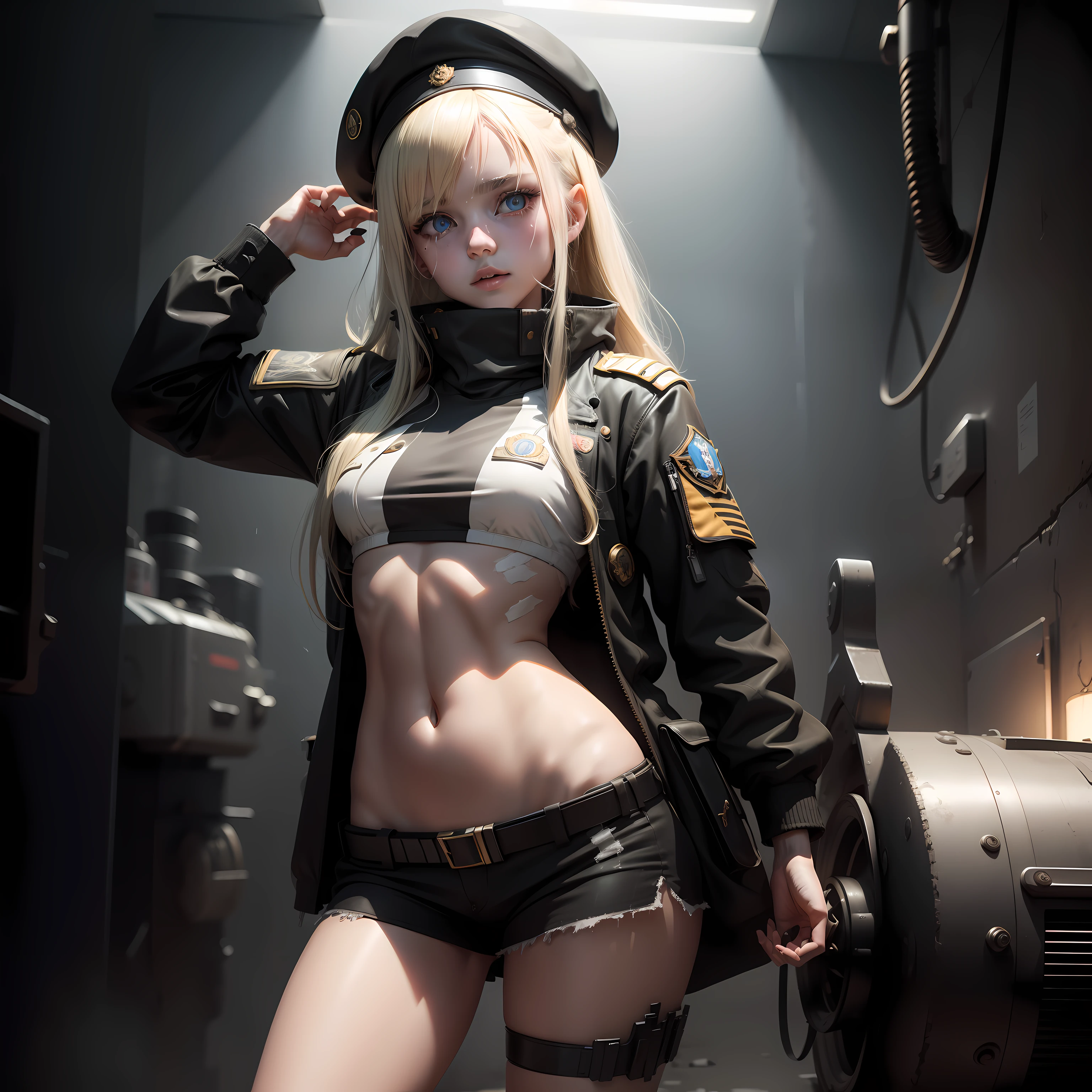 ukrainian girl , Ukrainian anime girls , , Ukraine , Full body composition of young girl with messy bright blonde hair,eye make up, 14 year old, Soft lighting, Solo, Old torn dirty shabby futuristic military uniform, badges, Pose, Blotch color, Octane Render, Hyperrealistic intricate detail, Cinematic, 8K resolution, 70mm, Accent Lighting, Global Illumination, Full body portrait, clean detailed faces, intricate clothing, Cute face, flat chest, Slim waist, Slim legs, small hips,Wearing a beret,Special Forces Clothing,Relaxed,taking shower,
