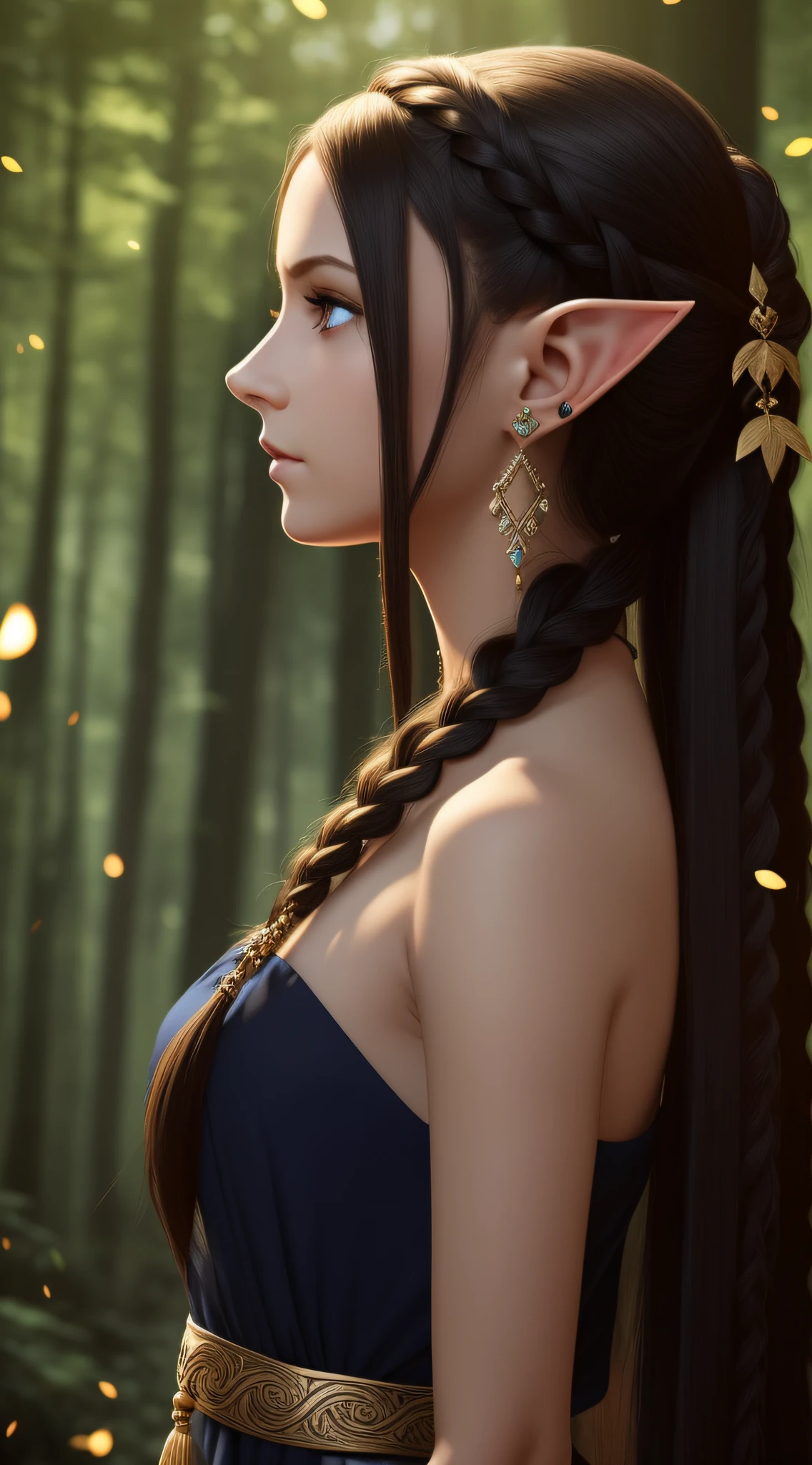 1girl, pointy ears, solo, long hair, jewelry, earrings, braid, profile, hair ornament, blurry, upper body, bare shoulders, blurry background, elf, from side, light particles, black hair, dress, brown hair, leaf, blue eyes, sleeveless, breasts, closed mouth