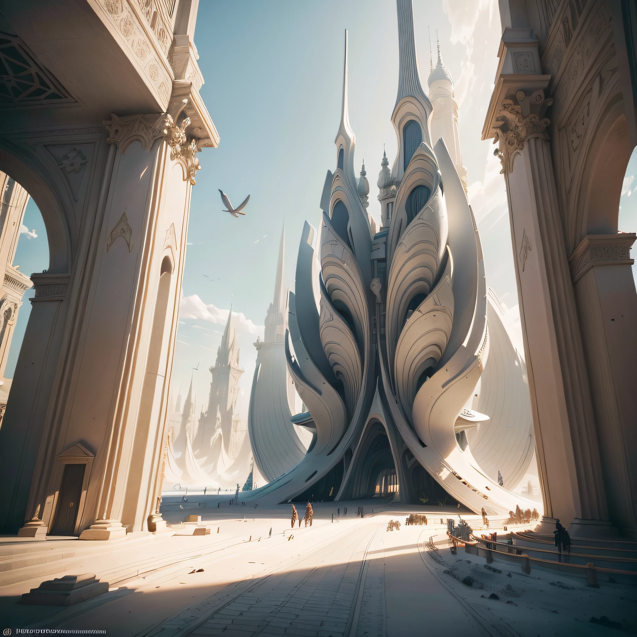 (Photorealistic:1.4), Best Quality, Masterpiece, extra high resolution, 1 architectural structure, duo, 1 tower crane, Construction of an unusual futuristic tower, Smooth curved lines, Smooth corners, Intricate Patterns, white gypsum, white concrete, Dark wood, (Detailed design:1.2), (Detailed elements:1.2), (Detailed architectural structure:1.2), (Detailed background:1.2), 4k, Unusual alien animals in the background, (A lot of animals in the background), The landscape of another planet, (Flat terrain:1.3)