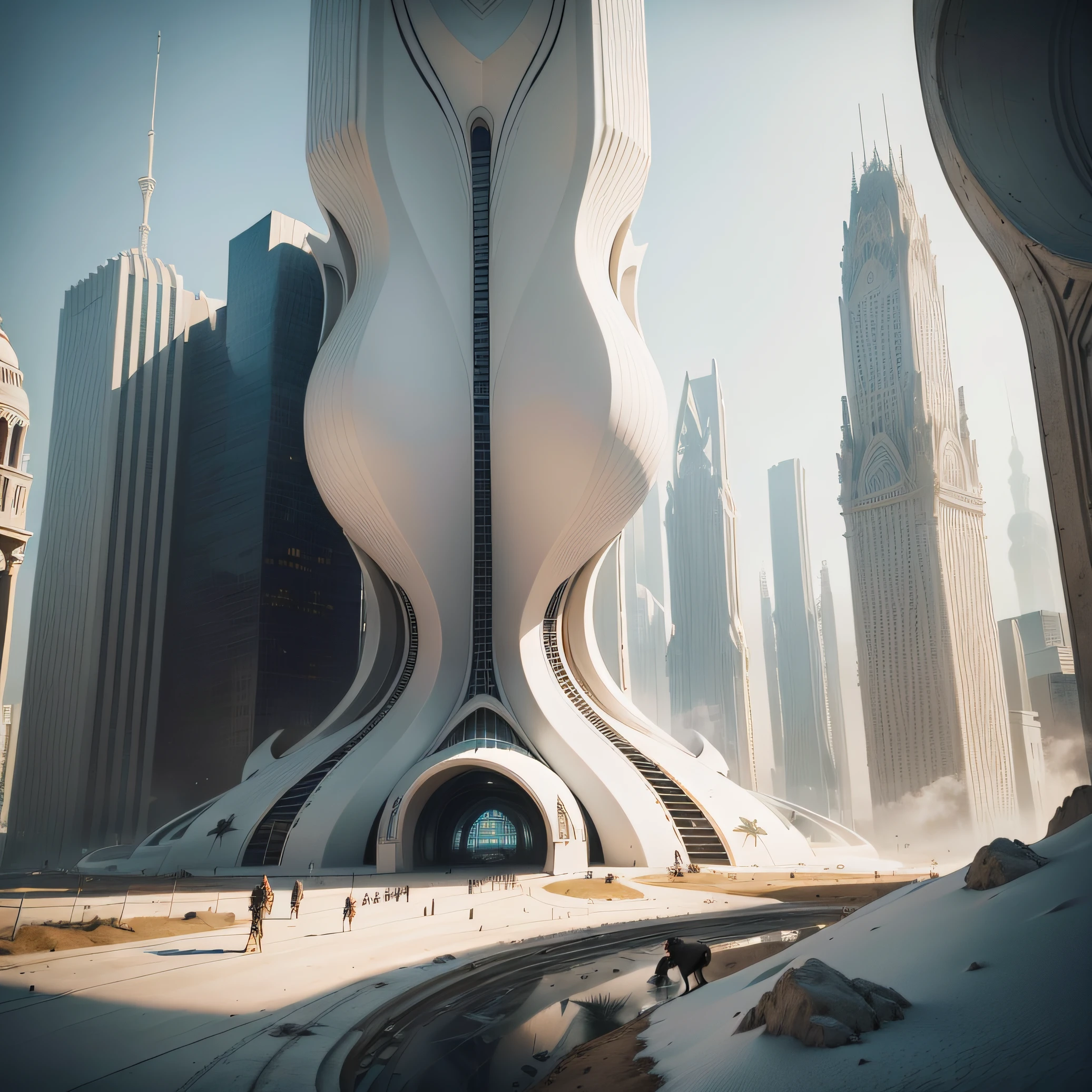 (Photorealistic:1.4), Best Quality, Masterpiece, extra high resolution, 1 architectural structure, duo, 1 tower crane, Construction of an unusual futuristic tower, Smooth curved lines, Smooth corners, Intricate Patterns, white gypsum, white concrete, Dark wood, (Detailed design:1.2), (Detailed elements:1.2), (Detailed architectural structure:1.2), (Detailed background:1.2), 4k, Unusual alien animals in the background, (A lot of animals in the background), The landscape of another planet, (Flat terrain:1.3)