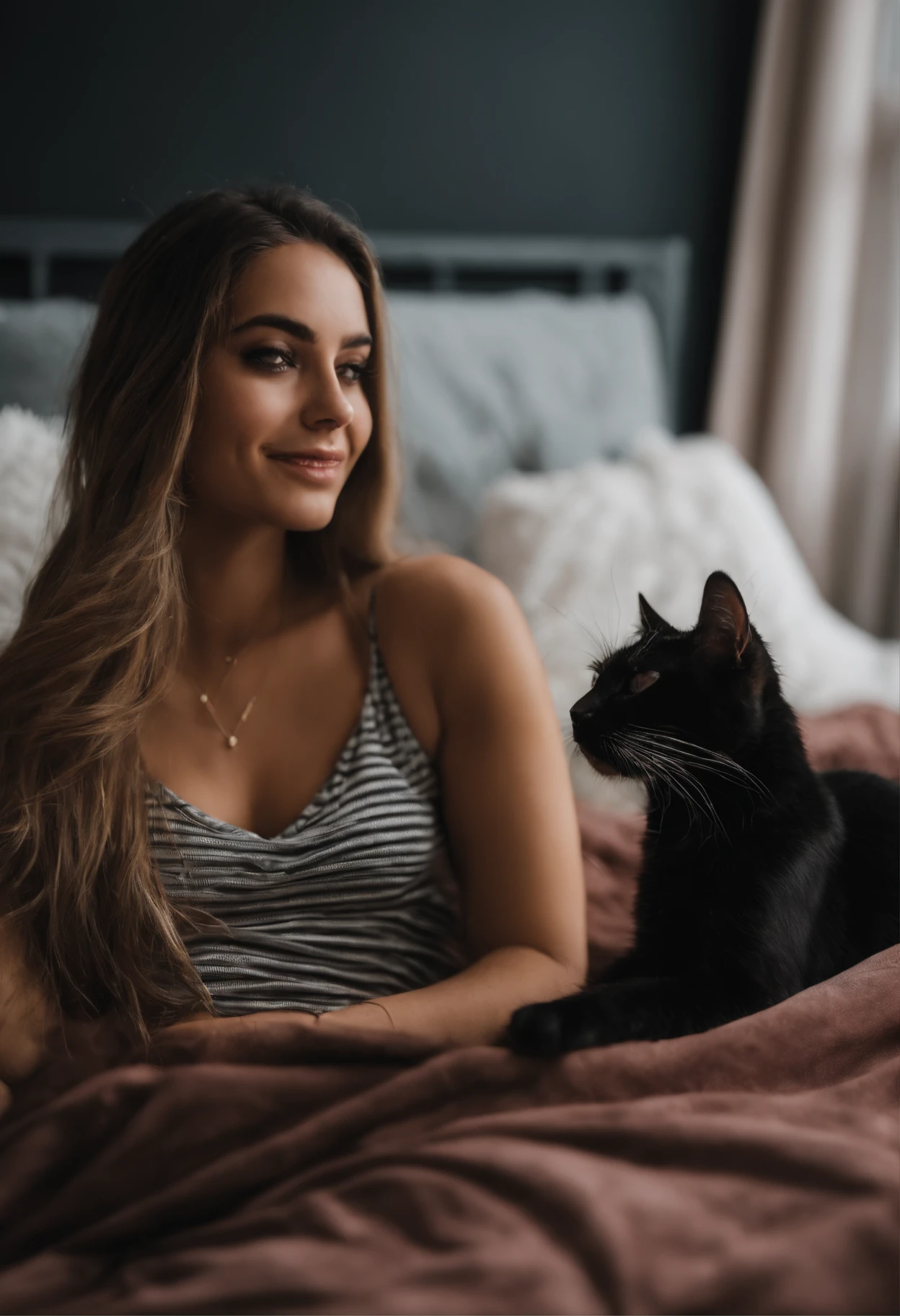 mulher sentada na cama segurando um gato preto e tirando uma selfie, ela tem cerca de 2 0 anos, ela tem cerca de 20 anos, Gata linda, 18 anos, ela tem cerca de 2 a 5 anos de idade, ela tem cerca de 3 0 anos, ela tem cerca de 30 anos, 2 2 anos, 21 anos, Garota sexy