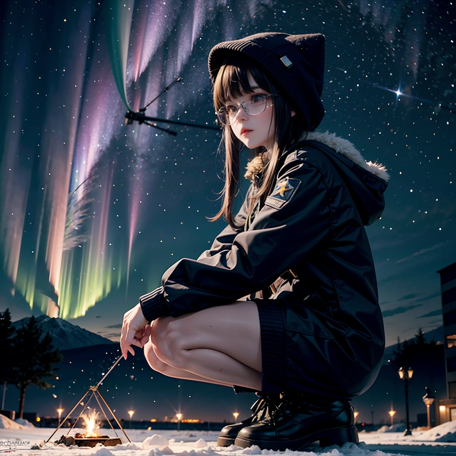 (masterpiece), (best quality:1.2), absurdres, [:intricate details:0.2], 1girl, front view, aurora, black hair, camera, campfire, city lights, constellation, crescent moon, earth_\(planet\), galaxy, hood, hood down, hooded jacket, lamppost, light particles, long hair, long sleeves, milky way, night, night sky, outdoors, planet, power lines, shooting star, sitting, sky, skyscraper, snow, snowing, solo, squatting, star_\(sky\), starry sky, starry sky print, telescope, tree, twilight, winter, cat