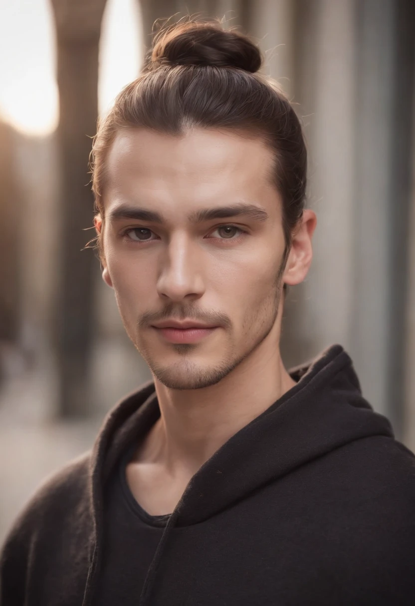 fair complexion, man around 30 years old, natural brown hair in a bun, manbun, slightly receding hairline, medium length beard, distinctive light brown eyes, wearing a black hoodie, 176 cm tall average build male, candlelight in a medieval setting, ultra sharp focus, realistic shot, modern stylish clothes, tetradic colors
