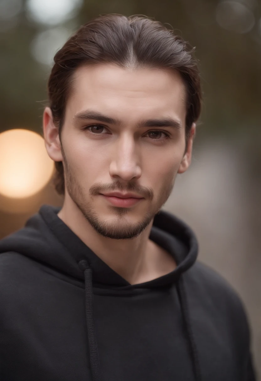 fair complexion, man around 30 years old, natural brown hair in a bun, manbun, slightly receding hairline, medium length beard, distinctive light brown eyes, wearing a black hoodie, 176 cm tall average build male, candlelight in a medieval setting, ultra sharp focus, realistic shot, modern stylish clothes, tetradic colors