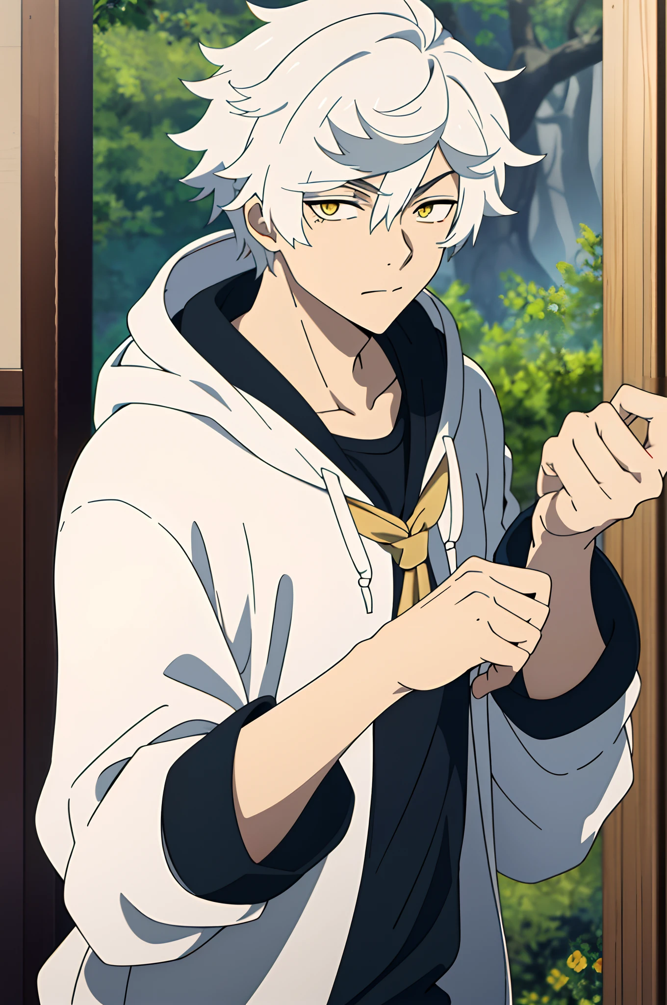 masterpiece, best quality, high quality, 1boy, solo, male focus, looking at viewer, upper body, gabimaru, white hair, yellow eyes, , , hoodie