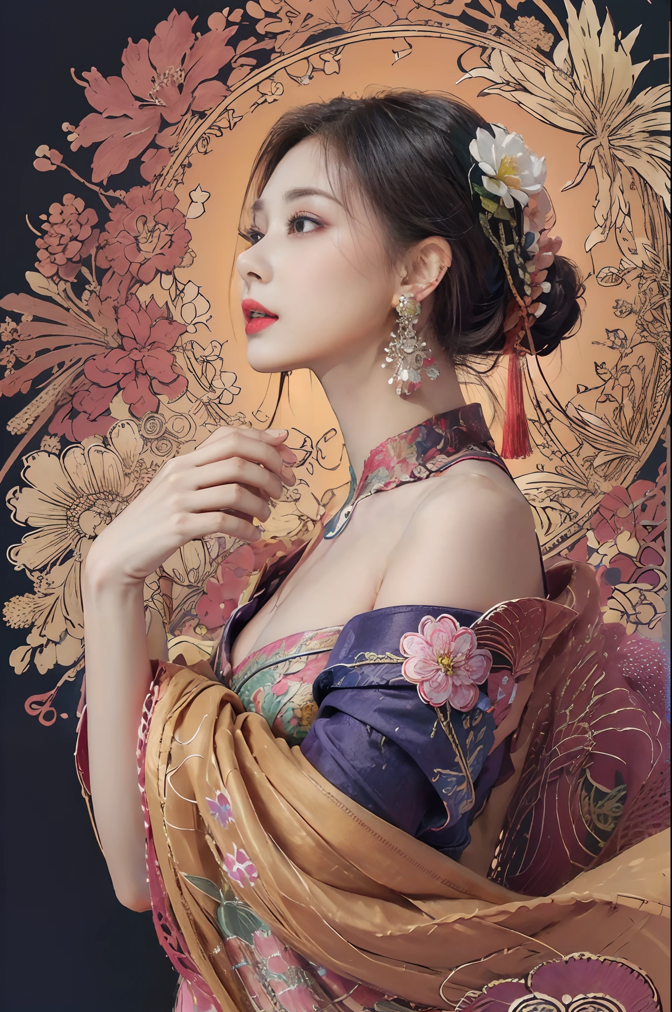 (masterpiece, top quality, best quality, official art, beautiful and aesthetic:1.2), (1girl:1.3), extremely detailed,(fractal art:1.1),(colorful:1.1)(flowers:1.3),highest detailed,(zentangle:1.2), (dynamic pose), (abstract background:1.3), (chinese Traditional cloth:1.2), (shiny skin), (many colors:1.4), ,(earrings:1.4),