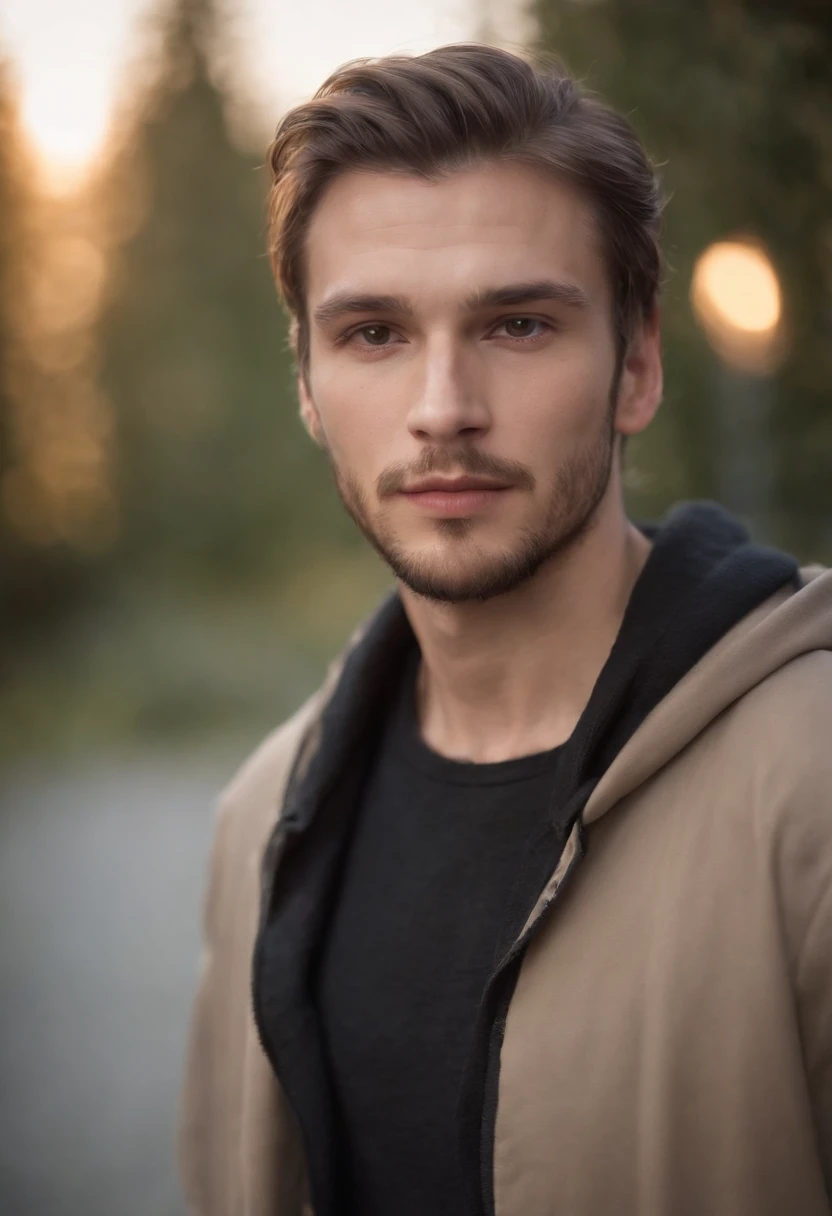 fair complexion, Finnish man around 30 years old, natural brown hair in a bun, manbun, slightly receding hairline, bearded, distinctive light brown eyes, wearing a black hoodie, 176 cm tall average build male, candlelight in a medieval setting, ultra sharp focus, realistic shot, modern stylish clothes, tetradic colors