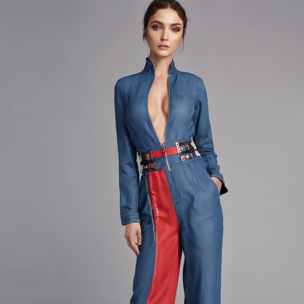 Girl in denim jumpsuit, Zipper completely open, sichtbarer Bauchnabel, rotes, voluminöses Hair, visible breasts, No underwear