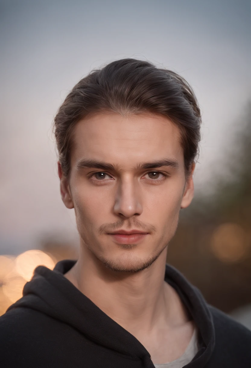 Finnish man around 30 years old, natural brown hair in a manbun, manbun, slightly receding hairline, bearded, distinctive light brown eyes, wearing a black hoodie, 176 cm tall average build male, candlelight in a medieval setting, ultra sharp focus, realistic shot, modern stylish clothes, tetradic colors