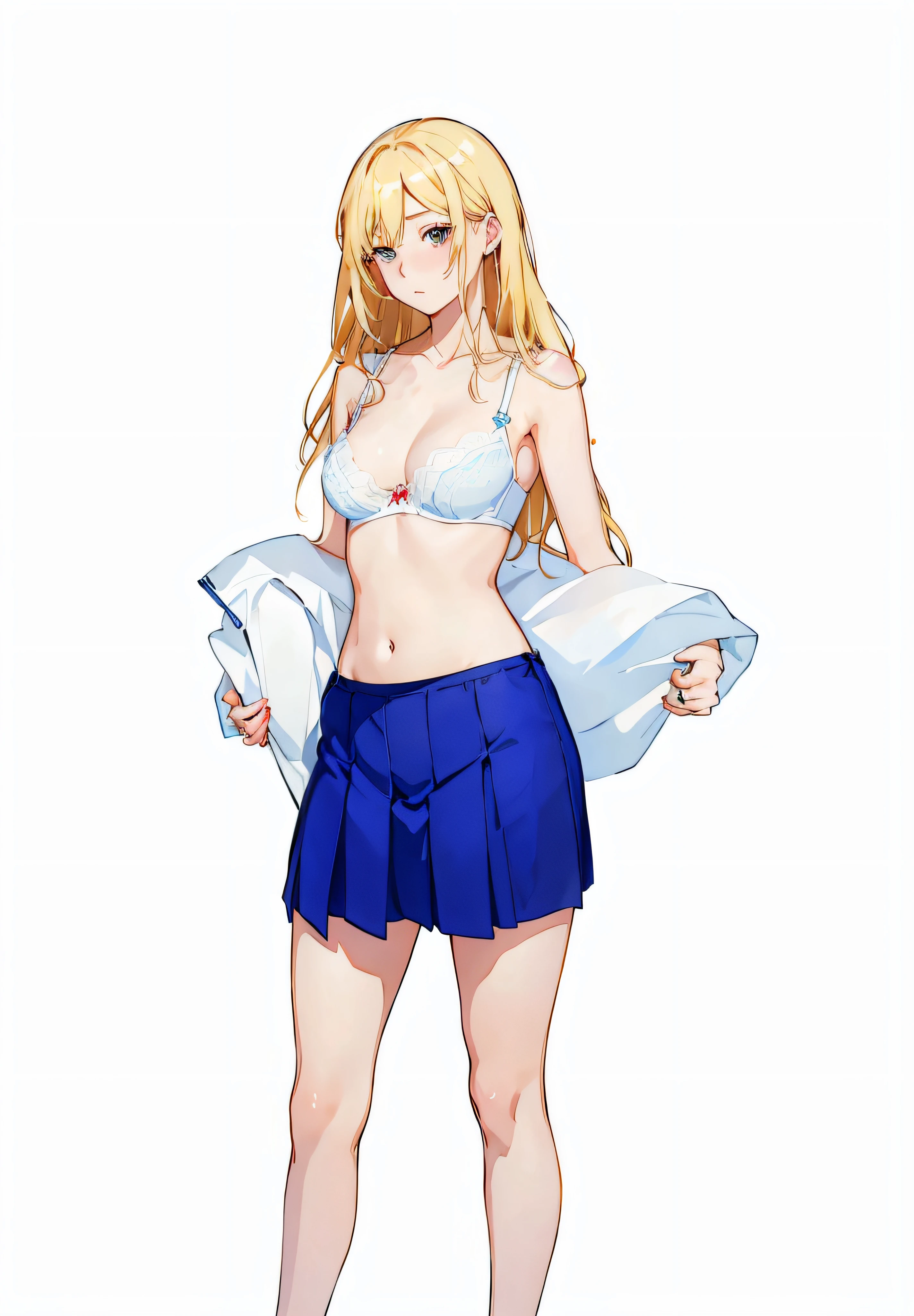 masterpiece, best quality, long hair, medium breast, cleavage, navel, slim legs, morgan fate blonde hair, bedroom, cheerleader, happy