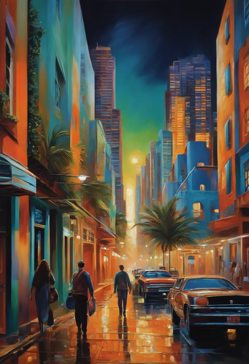Arte futurista retrando a obra de arte da decada de 20, pintura a oleo retratando uma cidade moderna.
