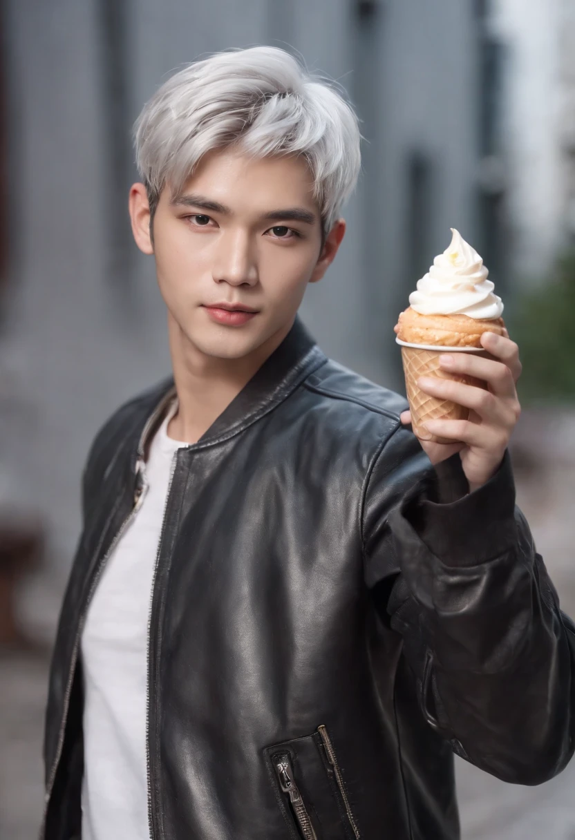 Handsome young man wearing a leather jacket, wearing a cap, with silver hair, holding ice cream, silver messy hair, handsome, (8k, RAW photo, photorealistic:1.25) ,( lipgloss, eyelashes, man, gloss-face, glossy skin, dark skin, dark snik, male, best quality, ultra highres, young man, depth of field, chromatic aberration, caustics, Broad lighting, natural shading,Kpop idol) looking at viewer with a serene and god-like happiness,