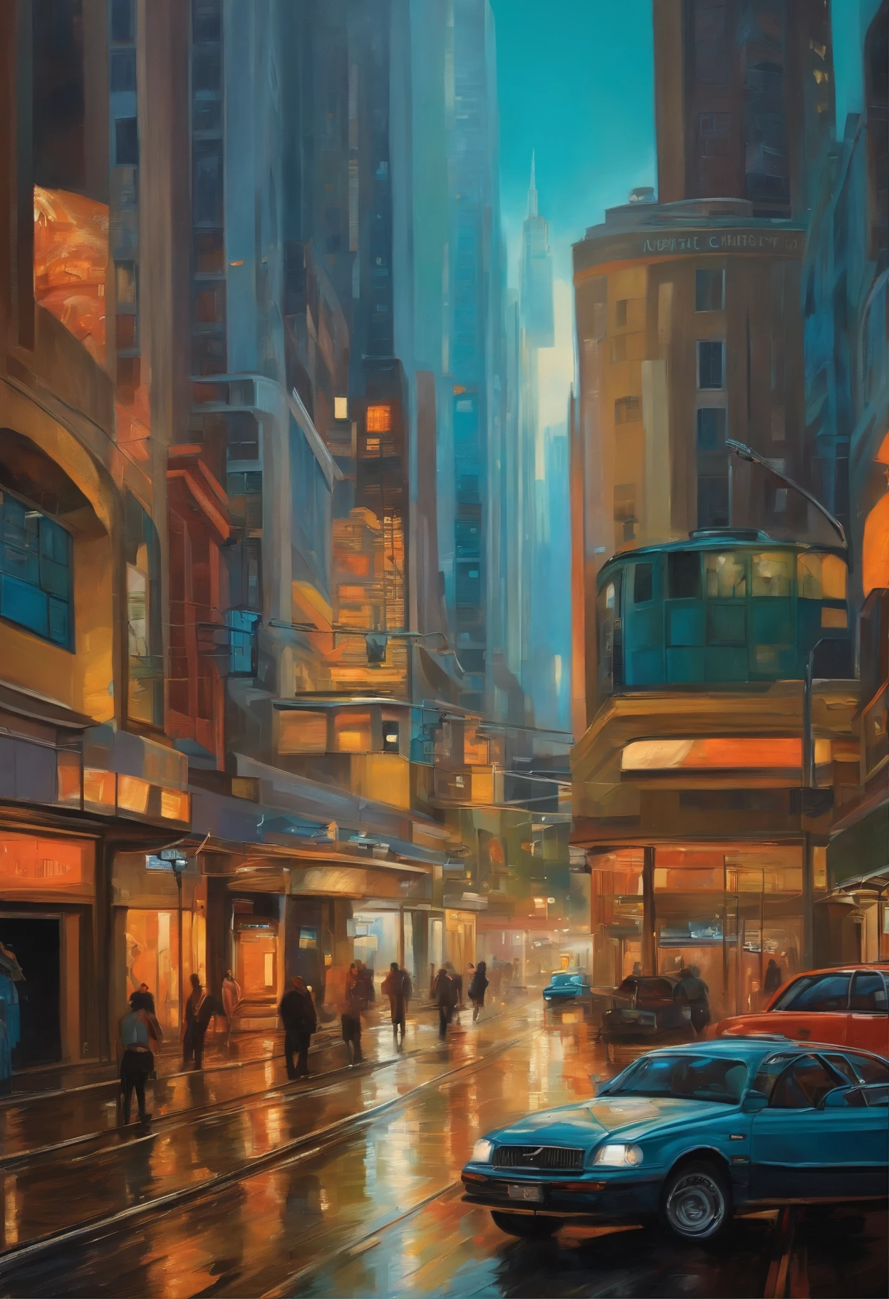 Arte futurista retrando a obra de arte da decada de 20, pintura a oleo retratando uma cidade moderna.