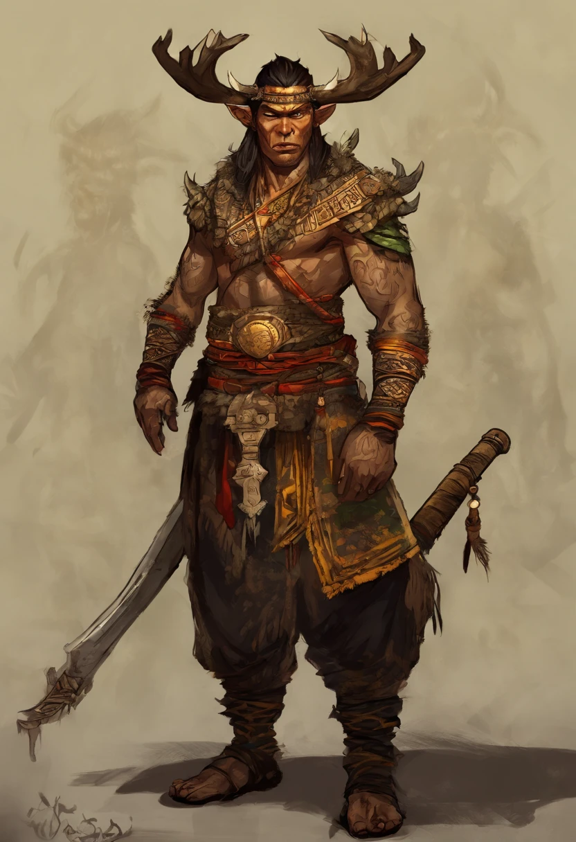 One wears antlers,Young Asian male leader with wooden gun, Yellow people,Clear facial features,There is a totem on the face,Rough skin texture,Wear jade ornaments around the waist,Cloth shoes on their feet,fantasy character concept, complex fantasy character, heroic fantasy character concept, rpg concept art character, full body concept, character posing for concept art, rpg character concept art, senior concept artist, detailed full-body concept, Fantasy character design, dark fantasy character design, concept art character, spirit fantasy concept art