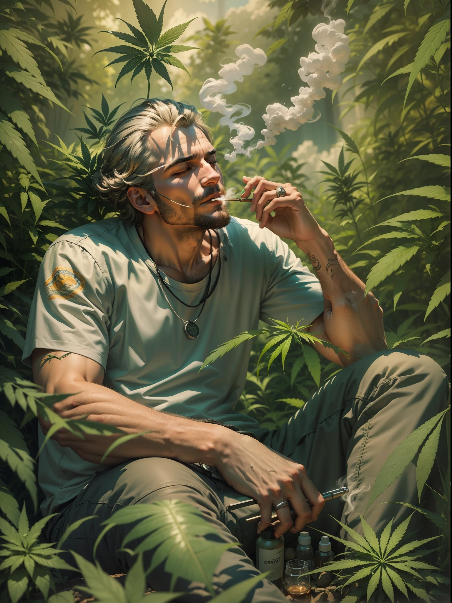 A new step for humanity, cutting-edge cannabis industry, a man relaxing in nature, relaxing, chilling, smoking from his mouth, high resolution, high quality, novel and comical artwork, realistic and futuristic art, cbd, precise fingers,