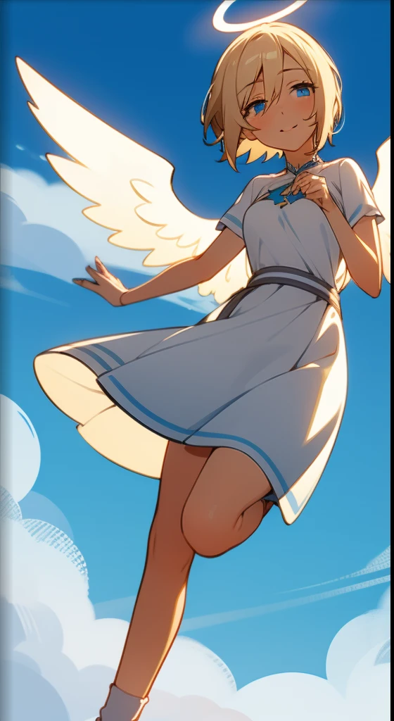 blue eyes, short blonde hair, outdoors, shining sun, happy girl, cute dress dress, solo girl, 1girl, short blonde hair, small boobs, slim waist, long socks, white socks, cute shoes, clouds, angel girl, big angel wings, a halo over her head, shining halo