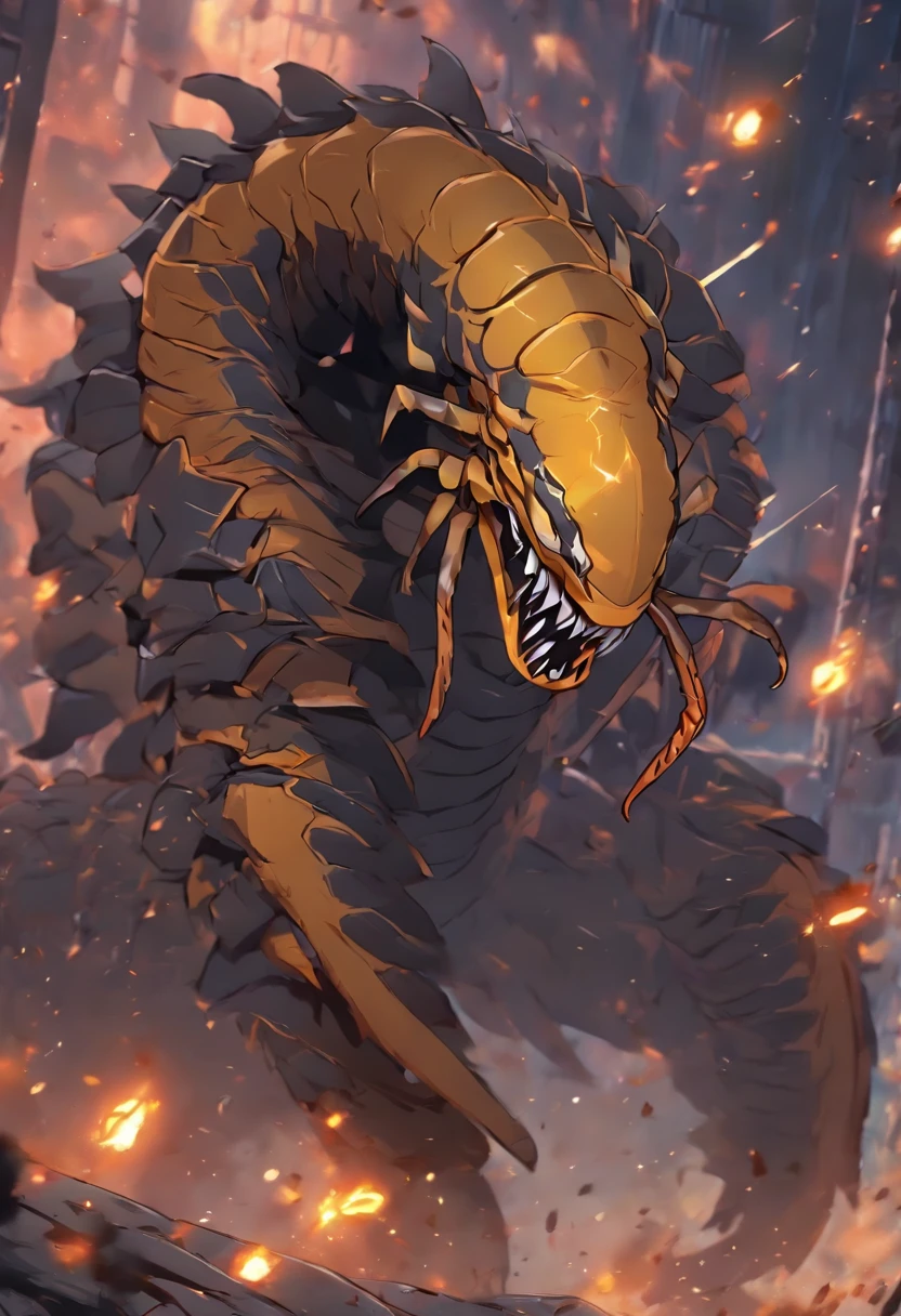 a scorpion with metallic grey colors, (a hammer as a tail)